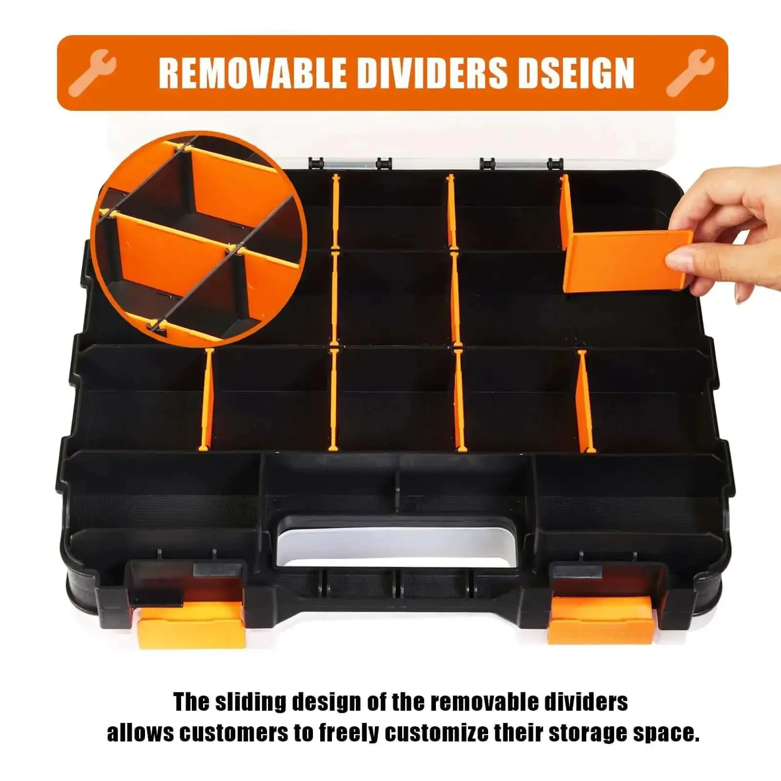 Grab And Go Double Sided Tool And Hardware Storage Box With Removable Dividers Portable Small Parts Organizer For Tools Hardware And Jewelry 34 Compartments Heavy Duty Plastic Black And Orange - Image 5