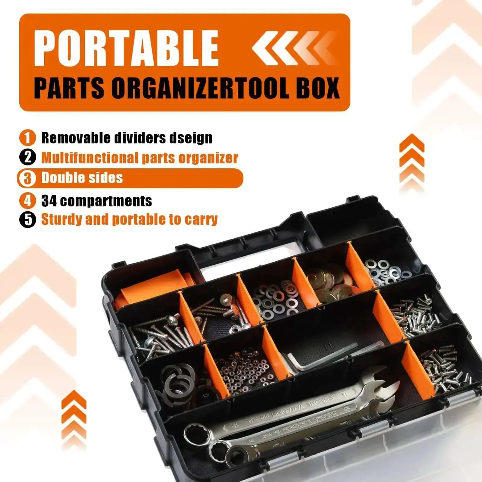 Grab And Go Double Sided Tool And Hardware Storage Box With Removable Dividers Portable Small Parts Organizer For Tools Hardware And Jewelry 34 Compartments Heavy Duty Plastic Black And Orange - Image 6