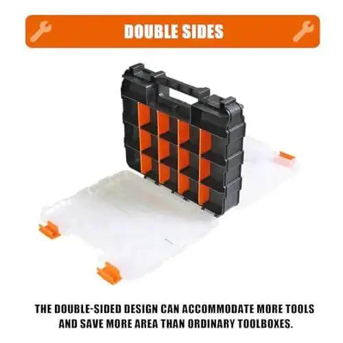 Grab And Go Double Sided Tool And Hardware Storage Box With Removable Dividers Portable Small Parts Organizer For Tools Hardware And Jewelry 34 Compartments Heavy Duty Plastic Black And Orange - Image 7