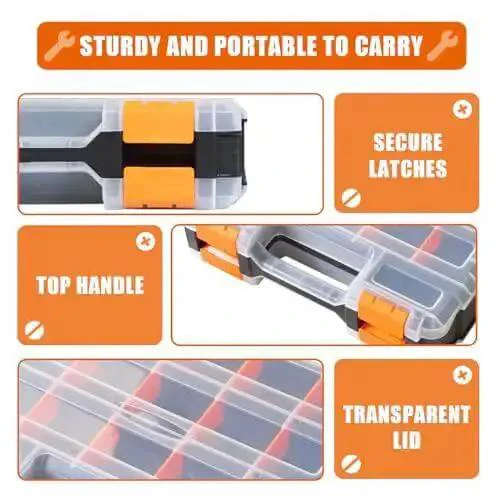 Grab And Go Double Sided Tool And Hardware Storage Box With Removable Dividers Portable Small Parts Organizer For Tools Hardware And Jewelry 34 Compartments Heavy Duty Plastic Black And Orange - Image 8