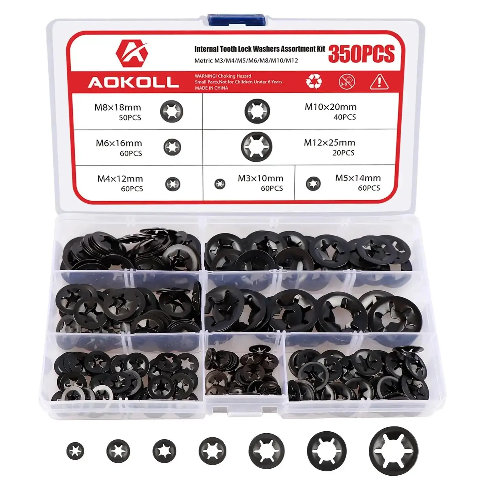 Grab N Go 350Pcs Internal Tooth Star Lock Washers And Push Nuts Kit In Black With M3 To M12 Sizes, 65Mn Steel Construction For Corrosion Resistance, A Handy DIY Auto And Machinery Workhorse For Any Job