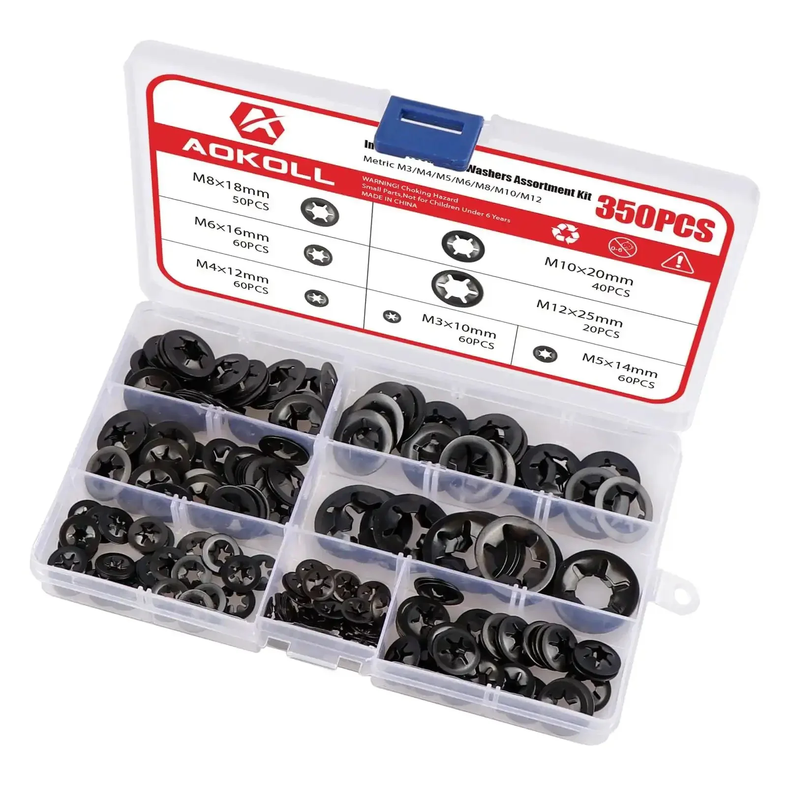 Grab N Go 350Pcs Internal Tooth Star Lock Washers And Push Nuts Kit In Black With M3 To M12 Sizes, 65Mn Steel Construction For Corrosion Resistance, A Handy DIY Auto And Machinery Workhorse For Any Job - Image 2
