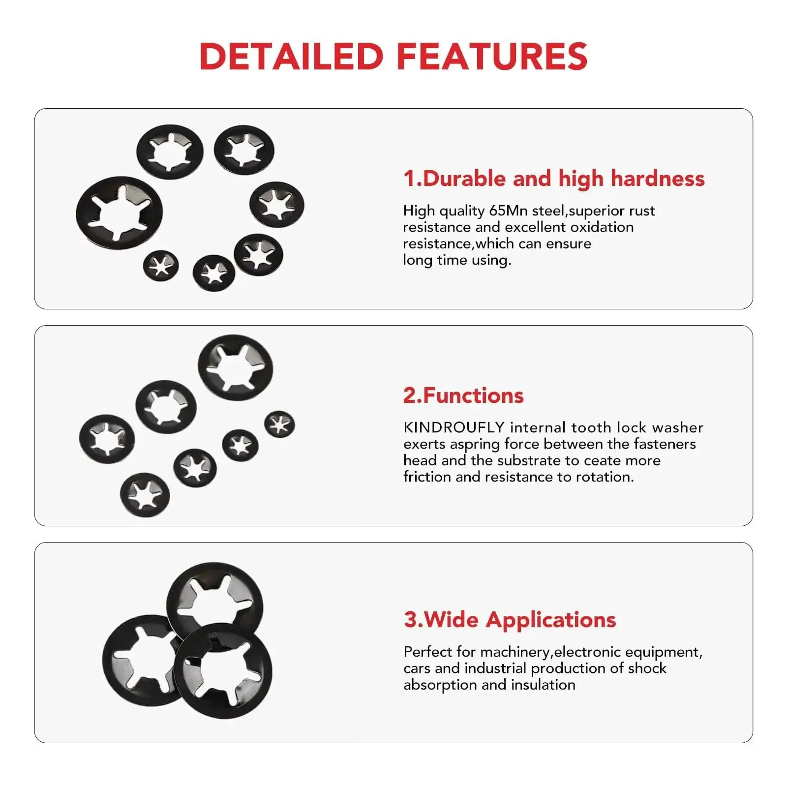 Grab N Go 350Pcs Internal Tooth Star Lock Washers And Push Nuts Kit In Black With M3 To M12 Sizes, 65Mn Steel Construction For Corrosion Resistance, A Handy DIY Auto And Machinery Workhorse For Any Job - Image 4