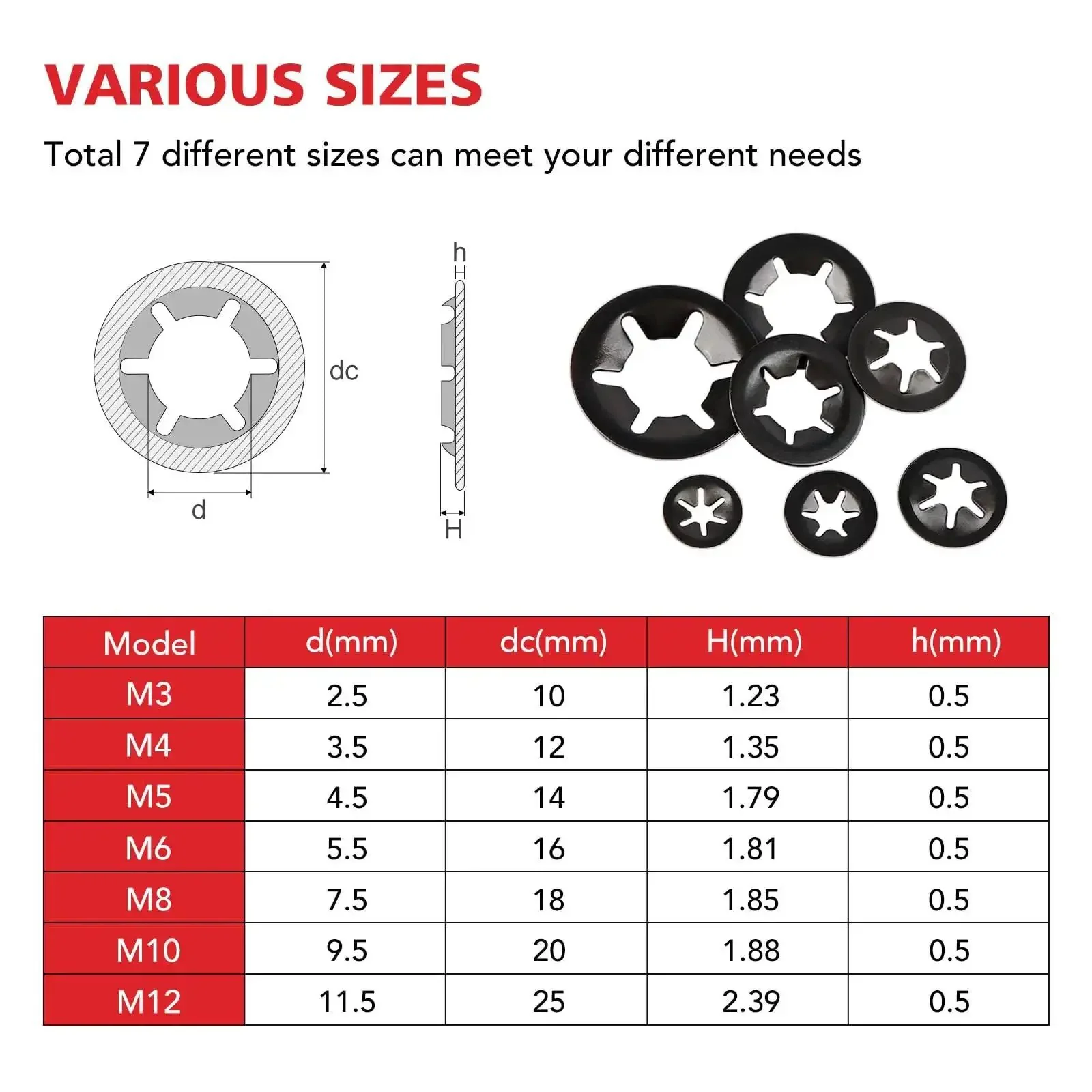Grab N Go 350Pcs Internal Tooth Star Lock Washers And Push Nuts Kit In Black With M3 To M12 Sizes, 65Mn Steel Construction For Corrosion Resistance, A Handy DIY Auto And Machinery Workhorse For Any Job - Image 5