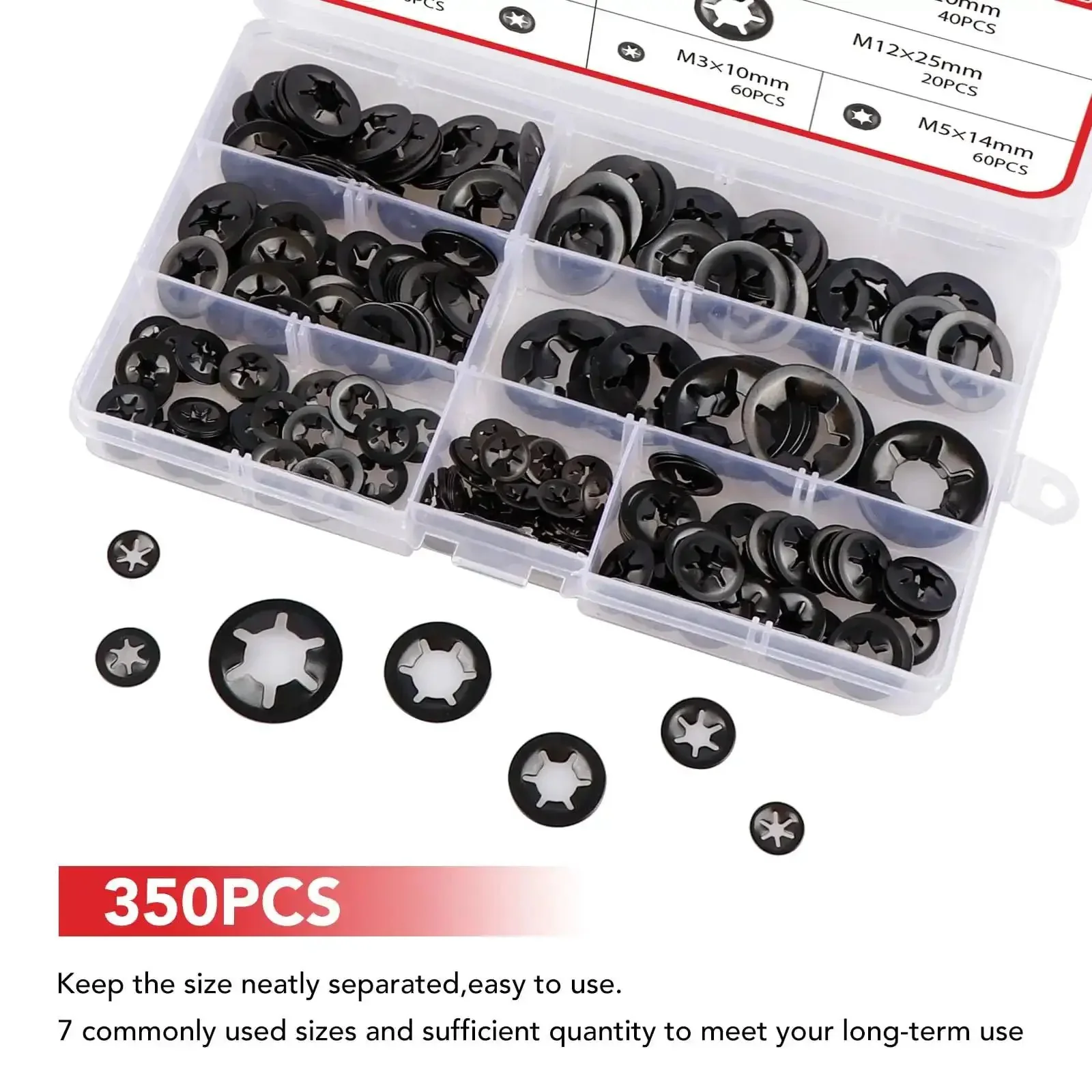 Grab N Go 350Pcs Internal Tooth Star Lock Washers And Push Nuts Kit In Black With M3 To M12 Sizes, 65Mn Steel Construction For Corrosion Resistance, A Handy DIY Auto And Machinery Workhorse For Any Job - Image 6