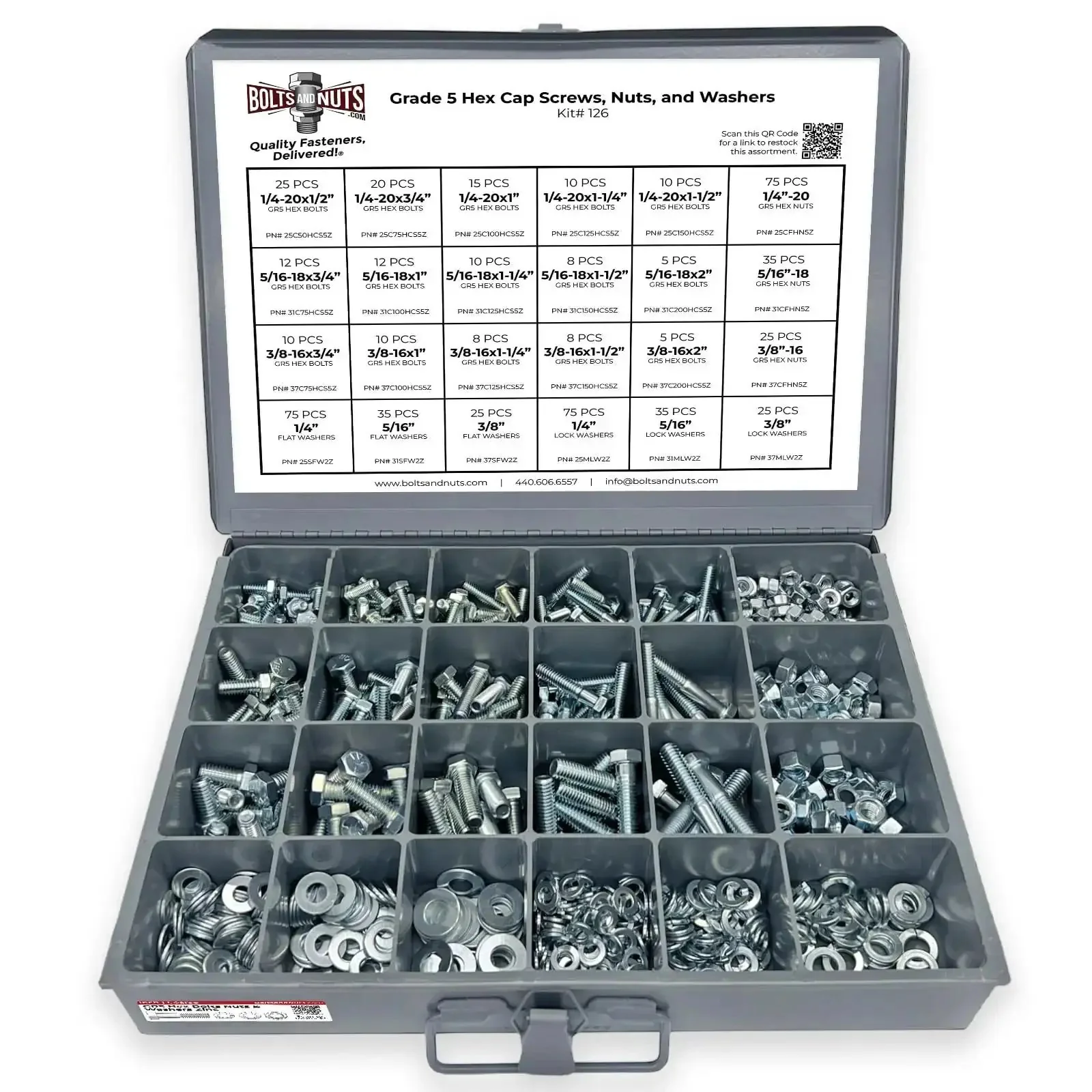 Grade 5 Hex Cap Screws Nuts Washers Lock Washers 574 Piece Beefy Heavy Duty Hardware Kit In Zinc Clear Finish With One Quarter Inch Five Sixteenth Inch And Three Eighth Inch
