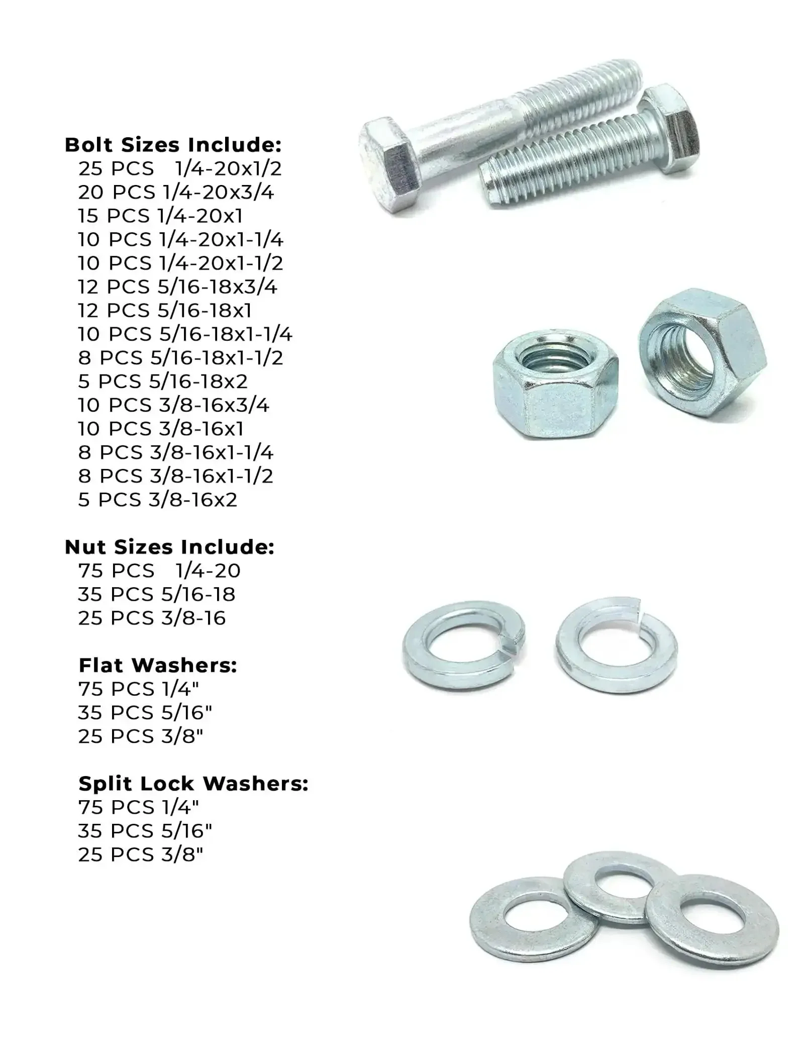 Grade 5 Hex Cap Screws Nuts Washers Lock Washers 574 Piece Beefy Heavy Duty Hardware Kit In Zinc Clear Finish With One Quarter Inch Five Sixteenth Inch And Three Eighth Inch - Image 3