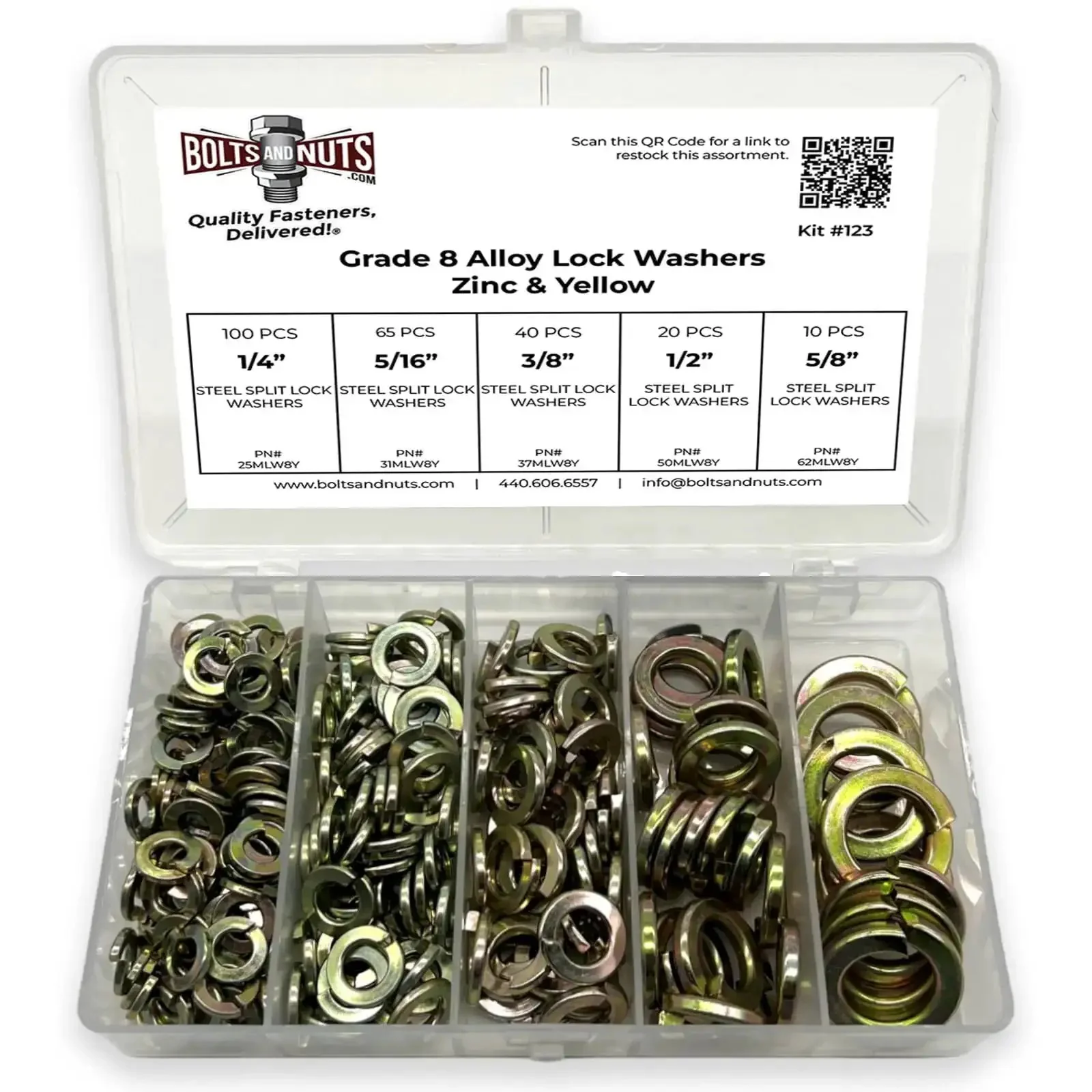 Grade 8 Alloy SAE Split Lock Washer Set In Zinc Yellow Finish, 236 Piece Assortment With Sizes One Quarter Inch 100 Pieces, Five Sixteenths Inch 65 Pieces, Three Eighths Inch 40 Pieces, One Half Inch 20 Pieces, Five Eighths Inch 10 Pieces