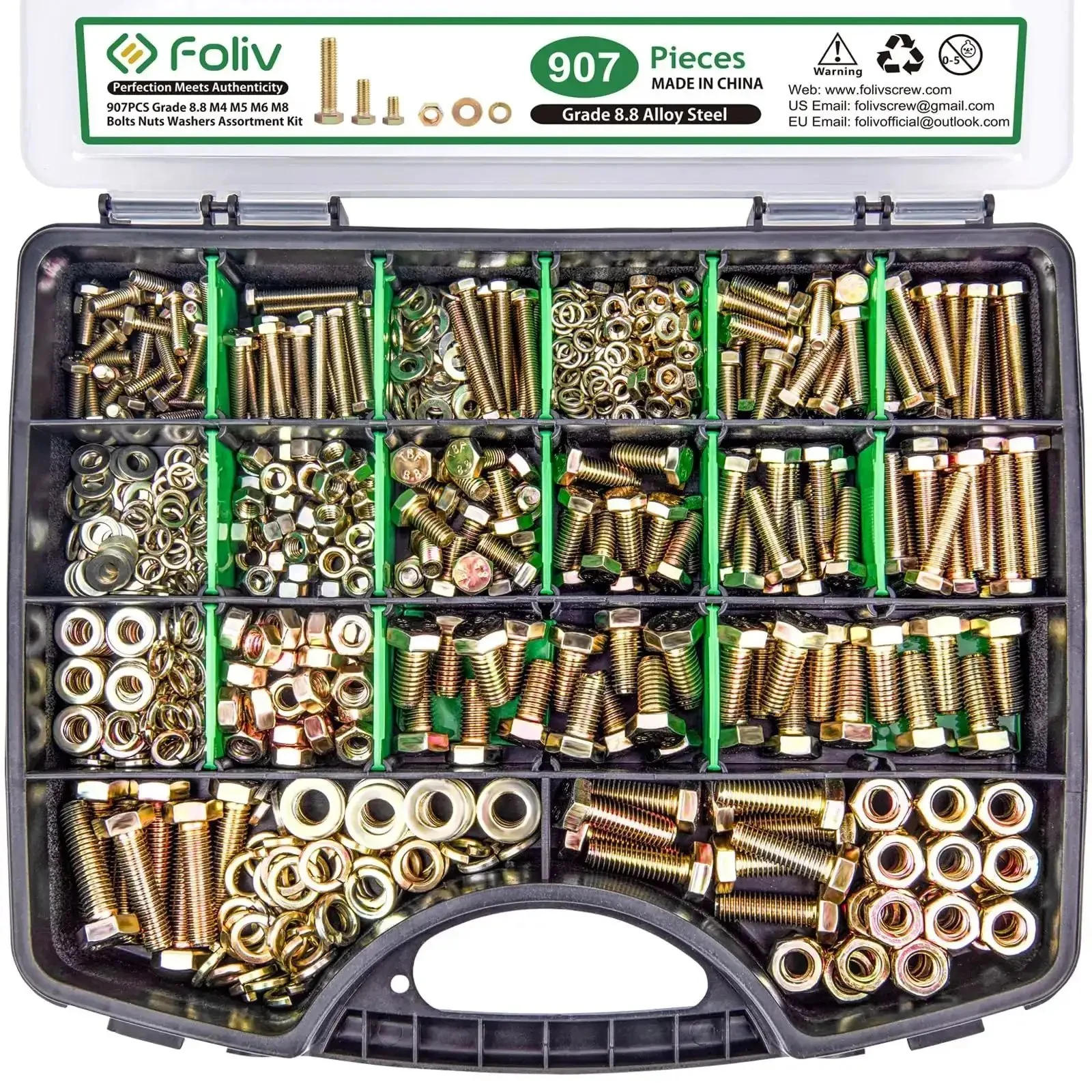 Grade 8.8 Metric Bolt And Nut Kit With M4 M5 M6 M8 Bolts Yellow Zinc Plated Lengths 12-30mm 907pc Heavy Duty Fastener Set For Auto Machinery And DIY Projects