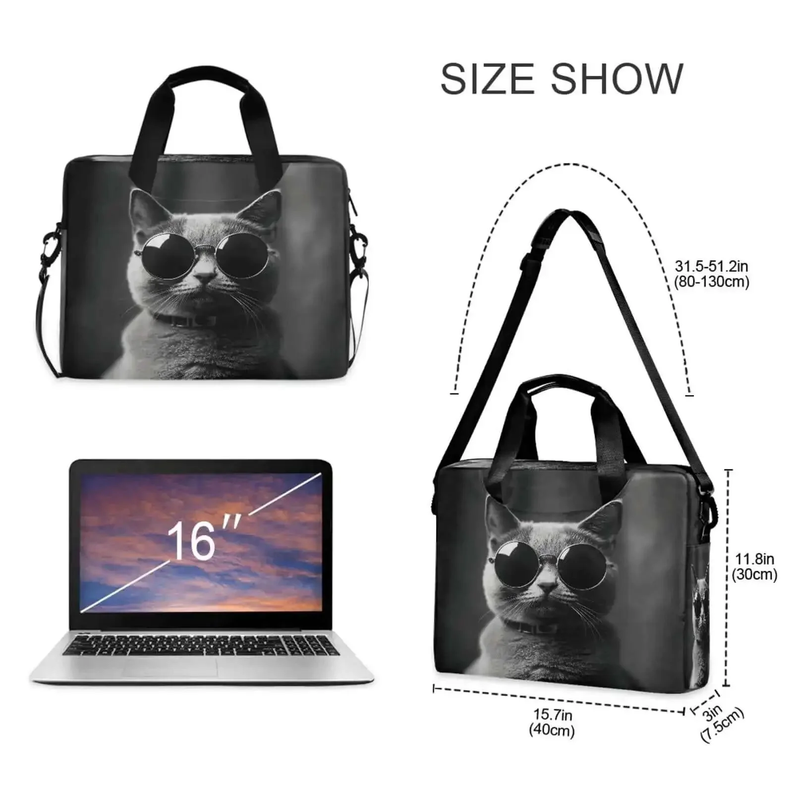 Gray Cat With Sunglasses Laptop Bag For 14 To 16 Inch Notebooks, Water Resistant 15.6 Inch Briefcase, Workday Ready For Office And Travel, Fits MacBook Pro Air, Men And Women, Durable 290D Polyester Everyday Carry - Image 7