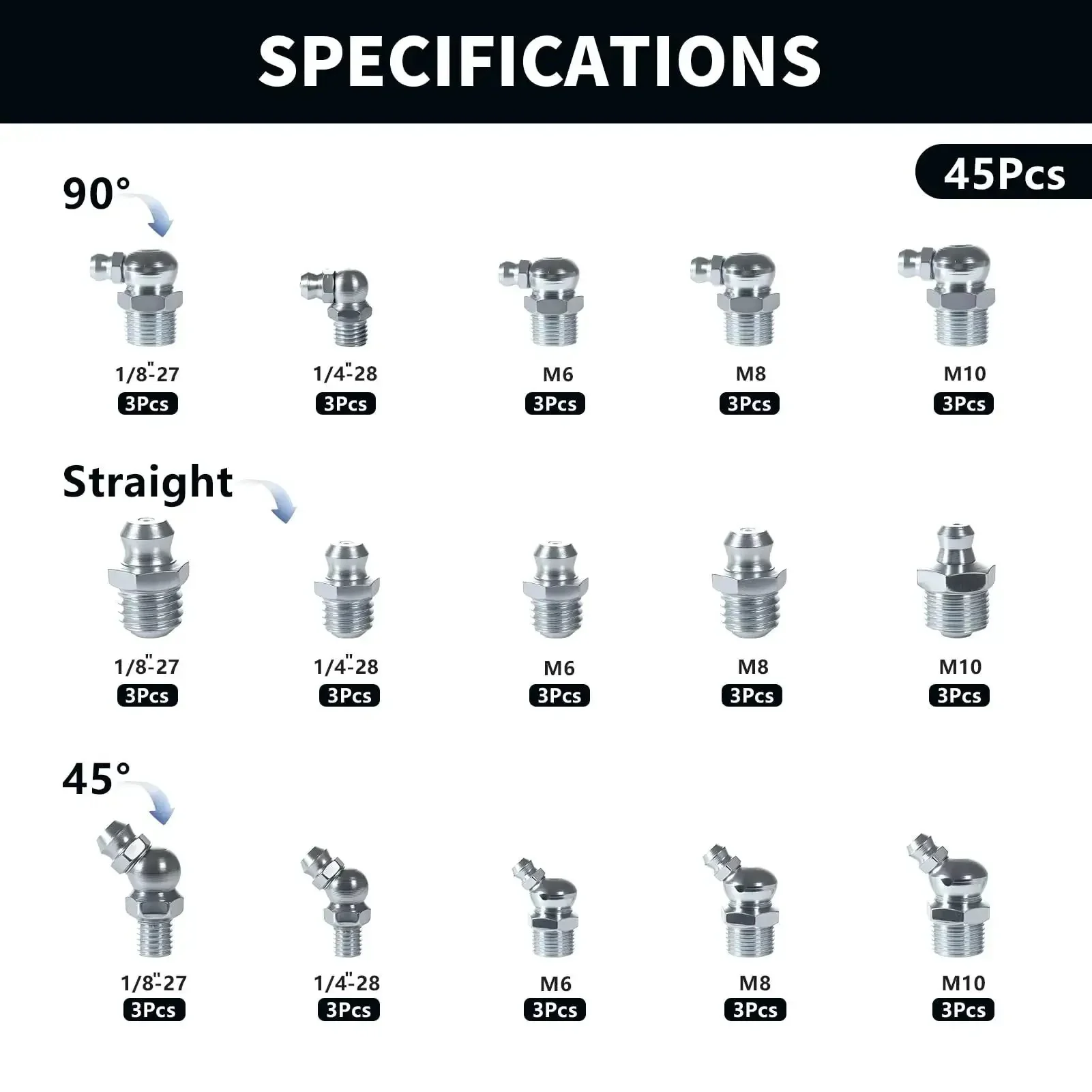 Grease Fitting Assortment Kit SAE And Metric Zerk Fittings With Quarter Inch And Eighth Inch Sizes M6 M8 M10 Straight And 45 Degree And 90 Degree Nipples Zinc Galvanized Steel For Quick Lubrication Pack Of 45 Pieces - Image 7
