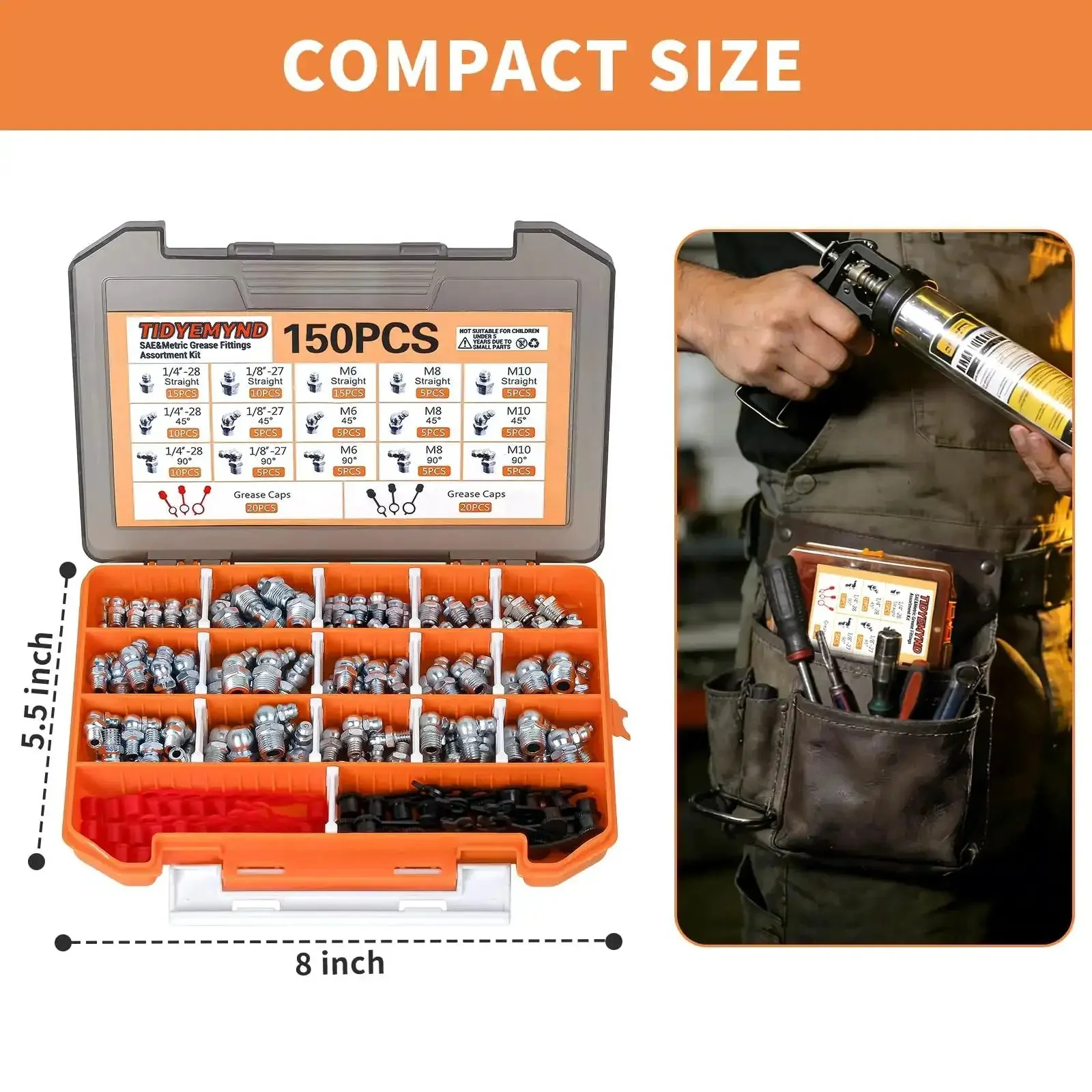 Grease Fittings Assortment Set With SAE And Metric Zerk Fittings 150 Pieces Straight 45 Degree And 90 Degree Fittings Quarter Inch And Eighth Inch M6 M8 M10 Sizes With Fitting Caps For Grease Gun Built For Heavy Duty Equipment - Image 7