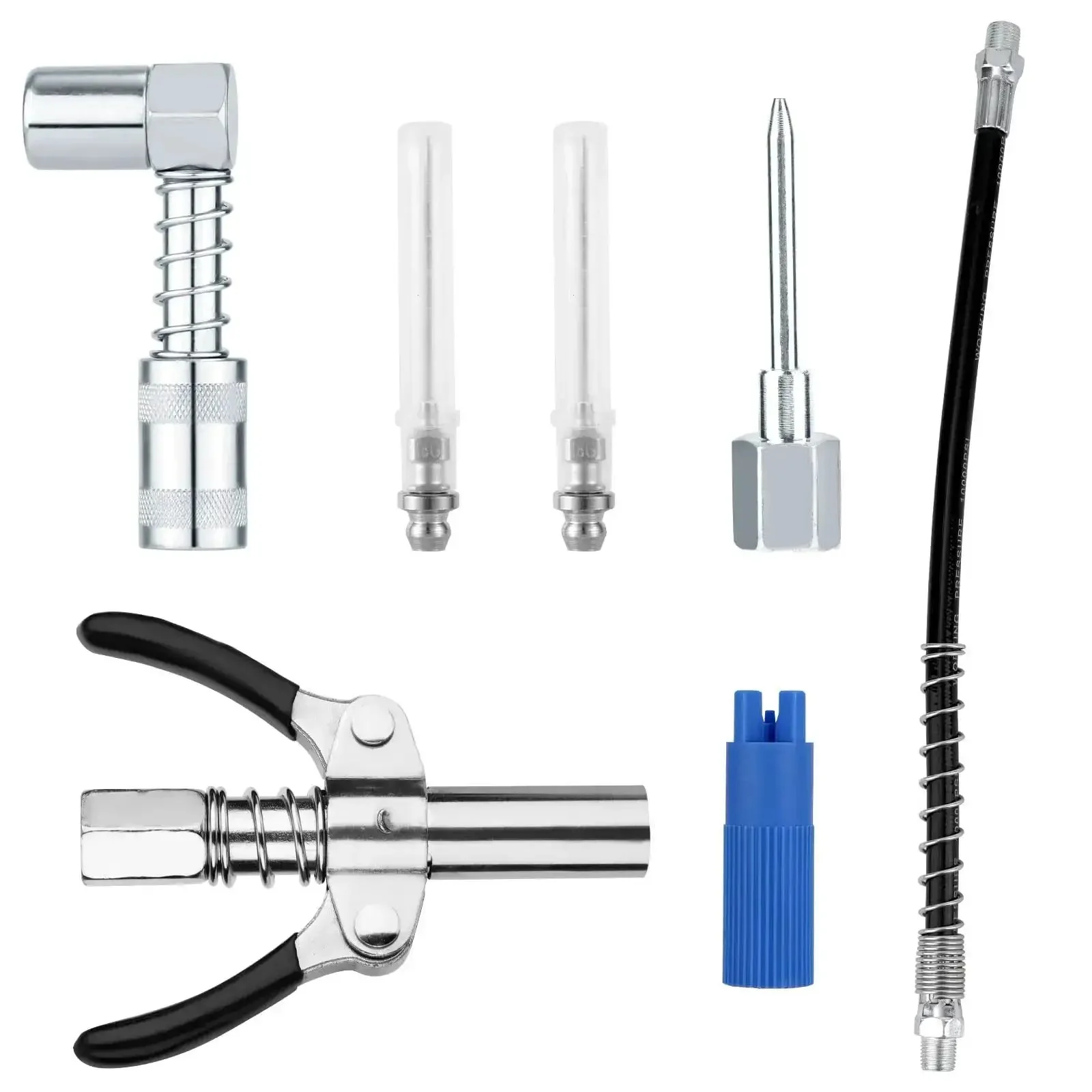 Grease Gun Accessory Kit With Hose 90 Degree Coupler Set Including Needle Dispenser Two Needle Nozzles Nozzle Cleaner Double Handle Coupler And Fittings For Must Have Gear Greasing Quick Attachments And Easy Refill