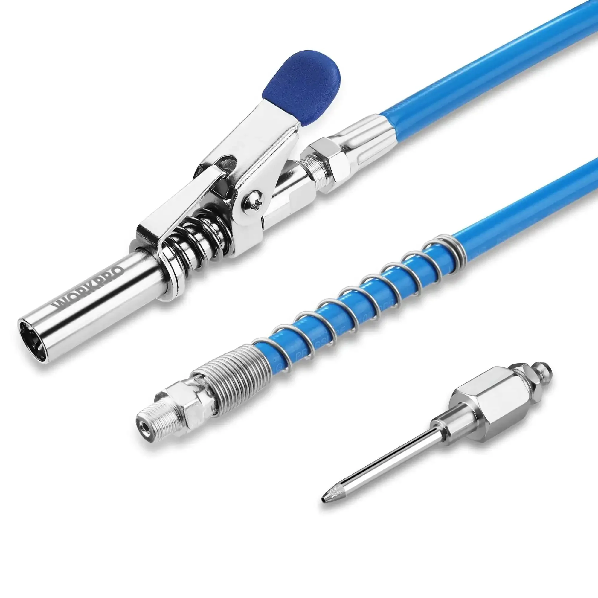 Grease Gun Coupler Set With Quick Release And 12-Inch Hose 10,000 PSI Locking Zerk Connection Needle Tip 1 Eighth NPT Beefy Build For Automotive And Industrial Use