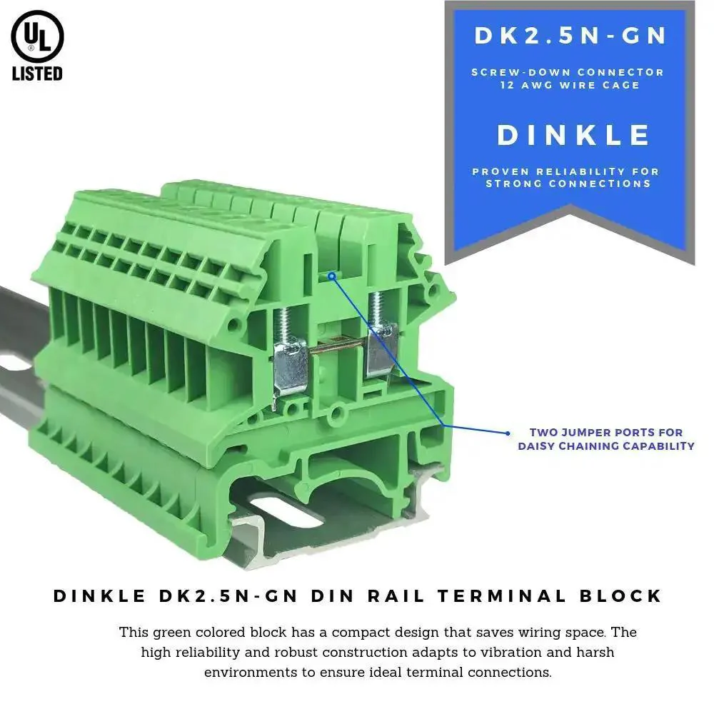 Green DK2.5N-GN DIN Rail Terminal Block Screw Type UL 600V 20A 12-22AWG Pack Of 100 For Space Saving Wiring, Vibration Resistant And Rugged Design With Secure Screw Terminals - Image 8