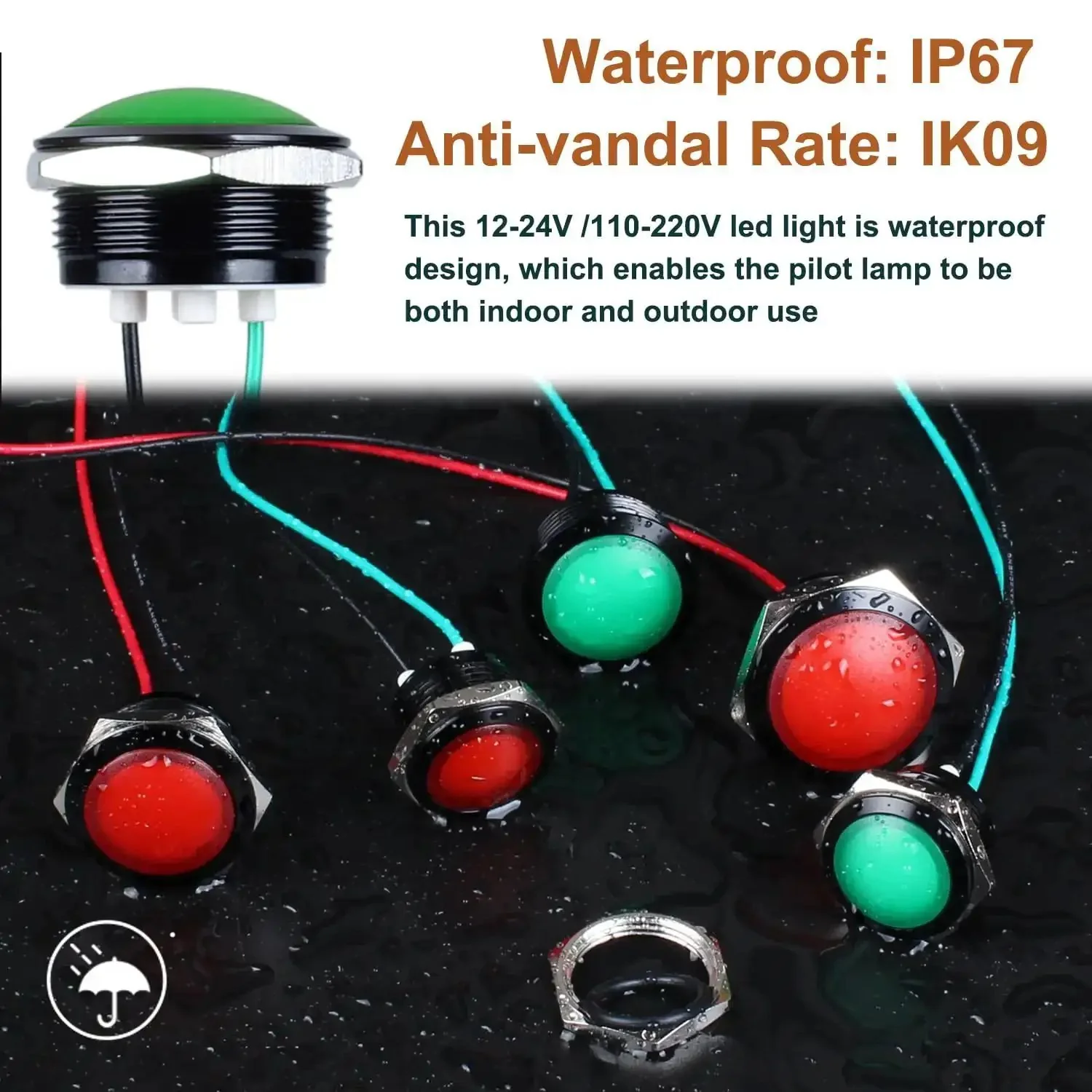 Green LED Indicator Light 110 To 220V AC Metal Built To Last Waterproof IP67 Raised Head With Wire For Household Appliances DIY 20 mA Pilot Lamp 22mm Black Anodized Shell - Image 3