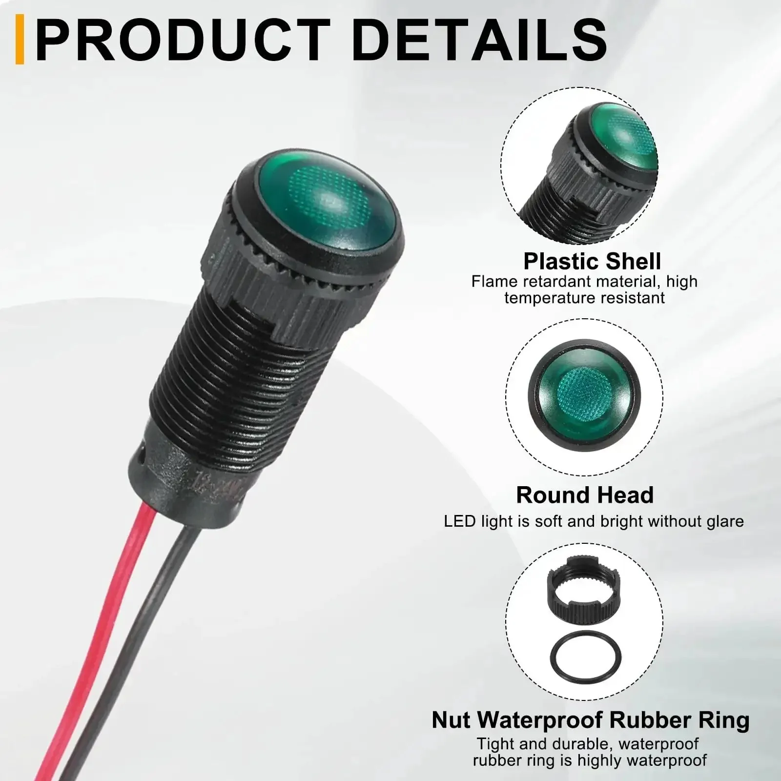 Green LED Indicator Light Pack Of Five 10mm Round Head 12V-24V AC/DC Waterproof IP67 Signal Lamp With 150mm Cable For Boats Cars Trucks Marine Machinery - Image 5