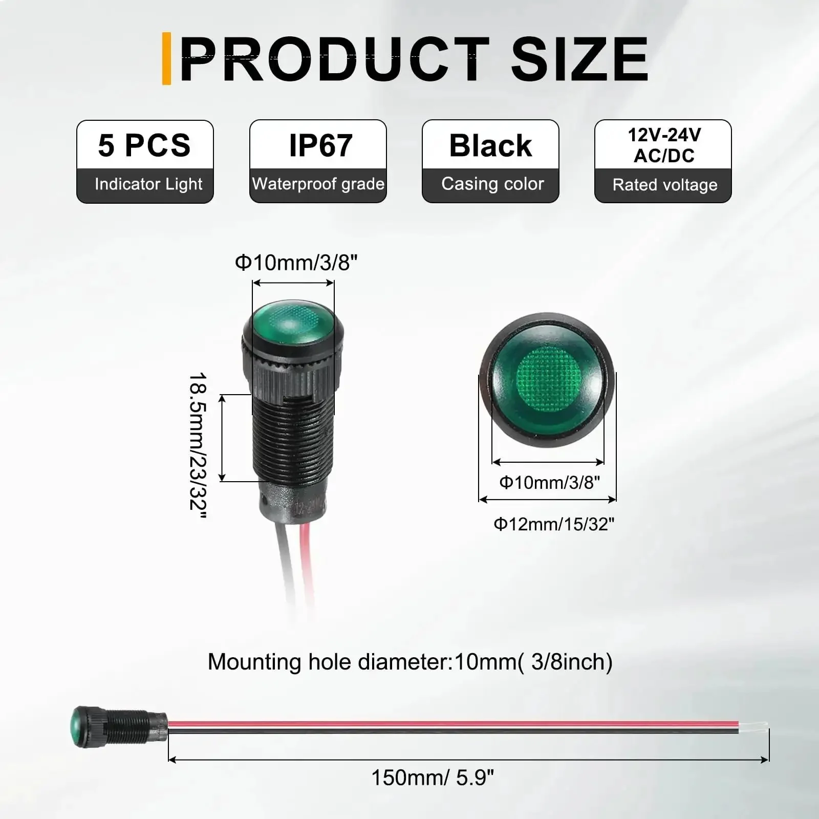 Green LED Indicator Light Pack Of Five 10mm Round Head 12V-24V AC/DC Waterproof IP67 Signal Lamp With 150mm Cable For Boats Cars Trucks Marine Machinery - Image 6