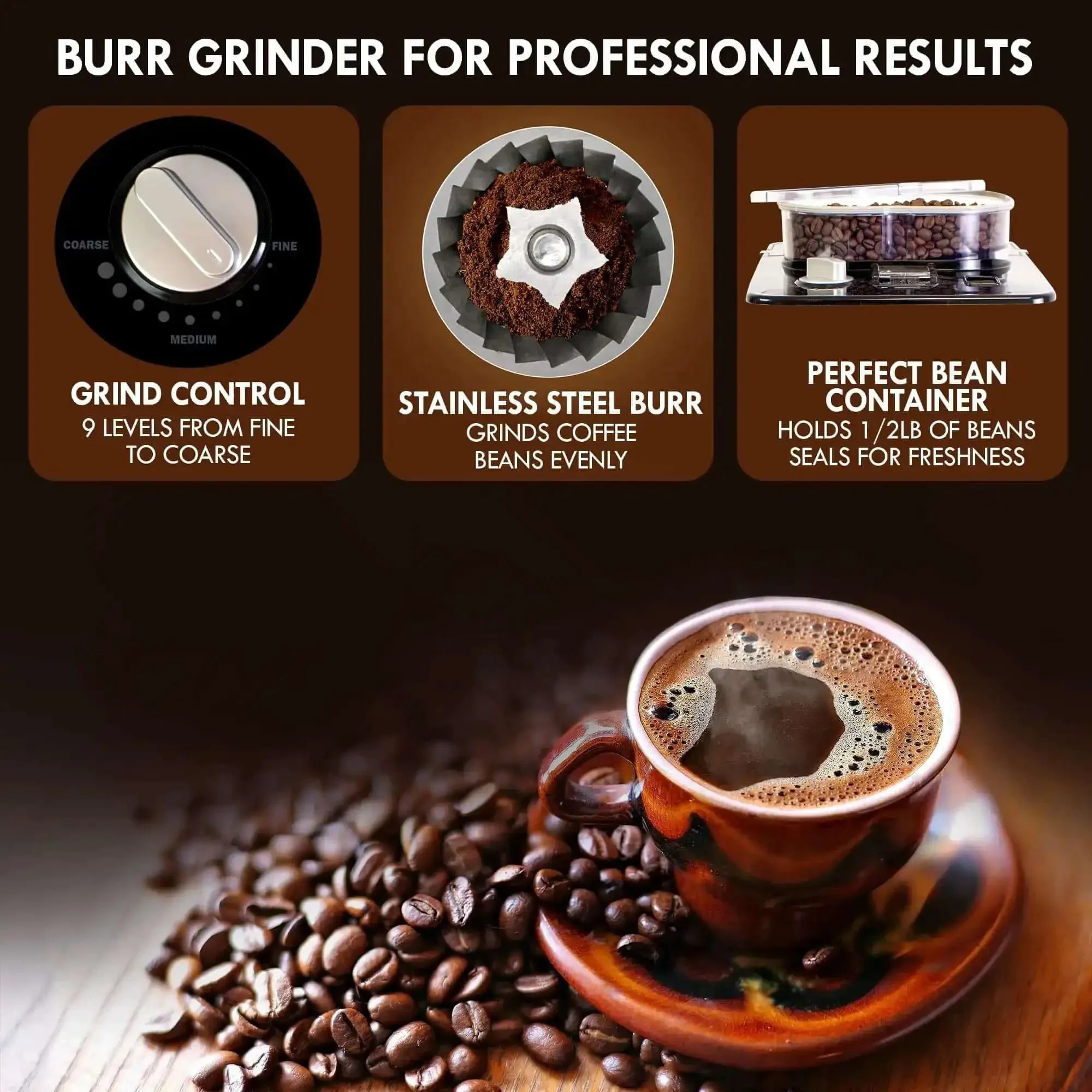 Grind And Brew Coffee Maker With Burr Grinder For Consistent Flavor, 12 Cup Programmable Timer, No Fuss Air Tight Bean Hopper, Grind Size And Brew Strength Controls, Stainless Steel Finish - Image 6