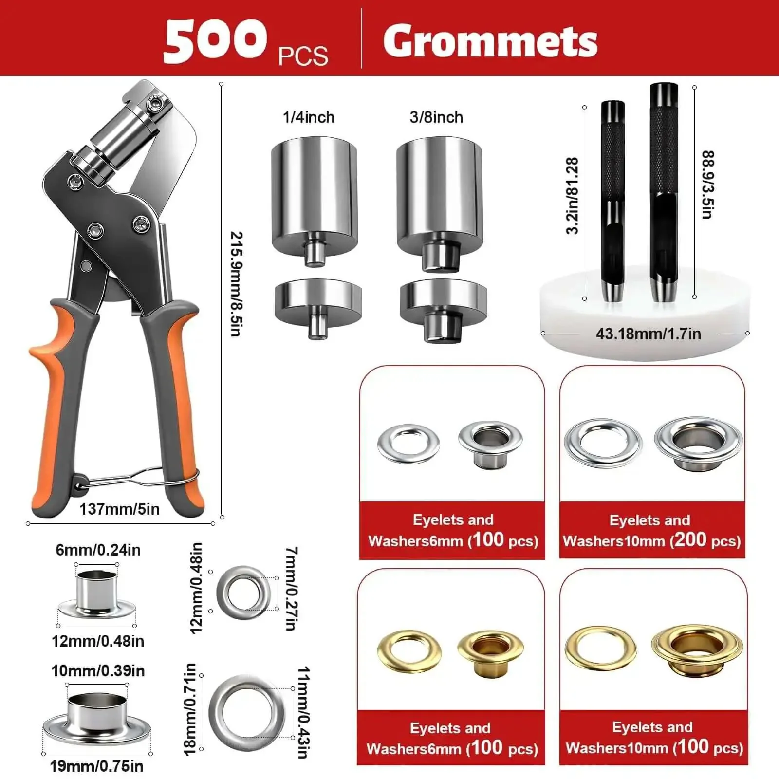 Grommet Kit With 1/4 And 3/8 Inch Punches 500 Metal Eyelets Heavy Duty Handheld Eyelet Pliers Rivet Press Tool Set For Tarps Leather Fabric Tents Canvas Built Tough For DIY Projects - Image 6
