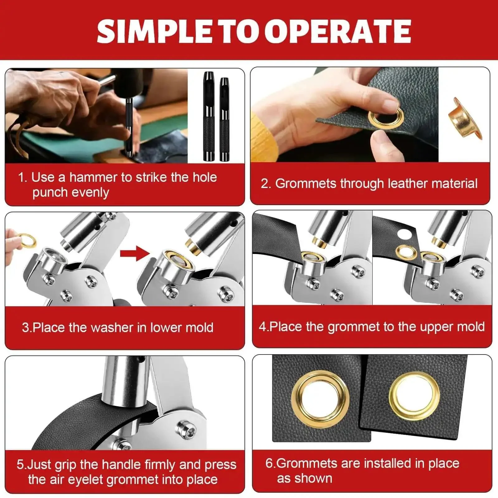 Grommet Kit With 1/4 And 3/8 Inch Punches 500 Metal Eyelets Heavy Duty Handheld Eyelet Pliers Rivet Press Tool Set For Tarps Leather Fabric Tents Canvas Built Tough For DIY Projects - Image 7