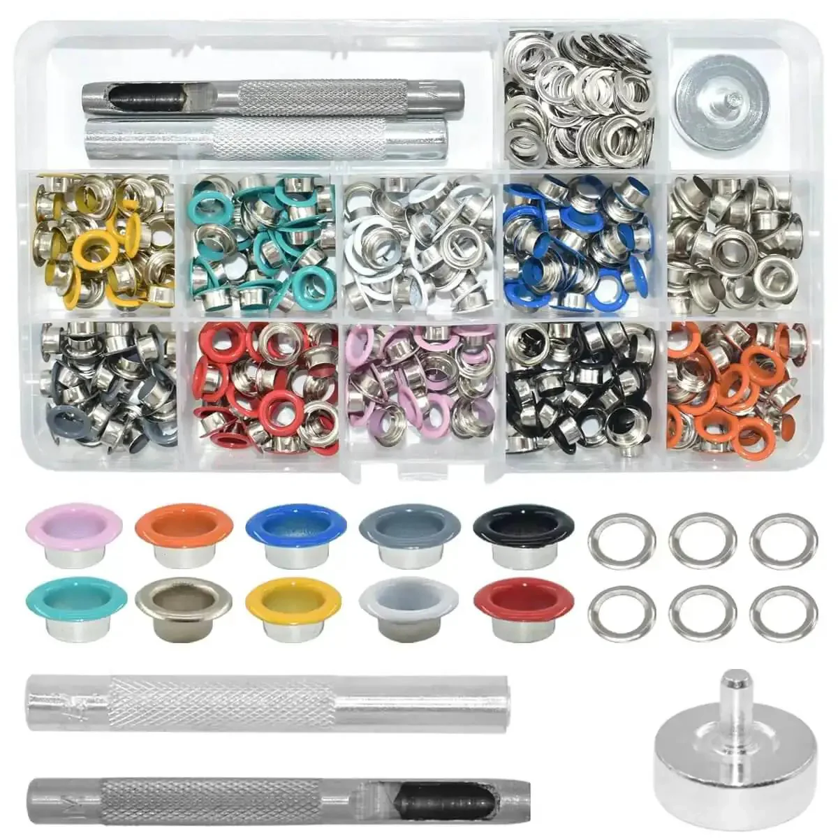 Grommets Kit 300 Sets 1/4 Inch Metal Eyelets With Base, Punch And Install Tool Included For Bags, Shoes, Clothes, And Crafts, Durable 6 mm Inner Diameter 0.25 Inch Eyelets 0.4 Inch Outer, 10 Color Options Including Silver Indigo Green White Yellow