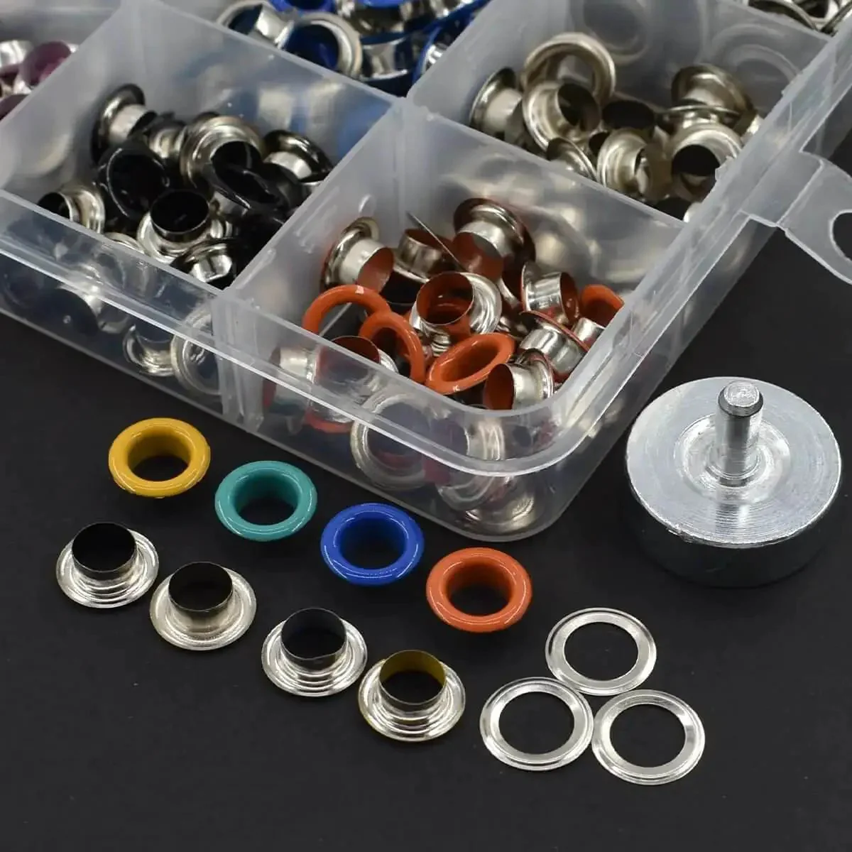 Grommets Kit 300 Sets 1/4 Inch Metal Eyelets With Base, Punch And Install Tool Included For Bags, Shoes, Clothes, And Crafts, Durable 6 mm Inner Diameter 0.25 Inch Eyelets 0.4 Inch Outer, 10 Color Options Including Silver Indigo Green White Yellow - Image 3