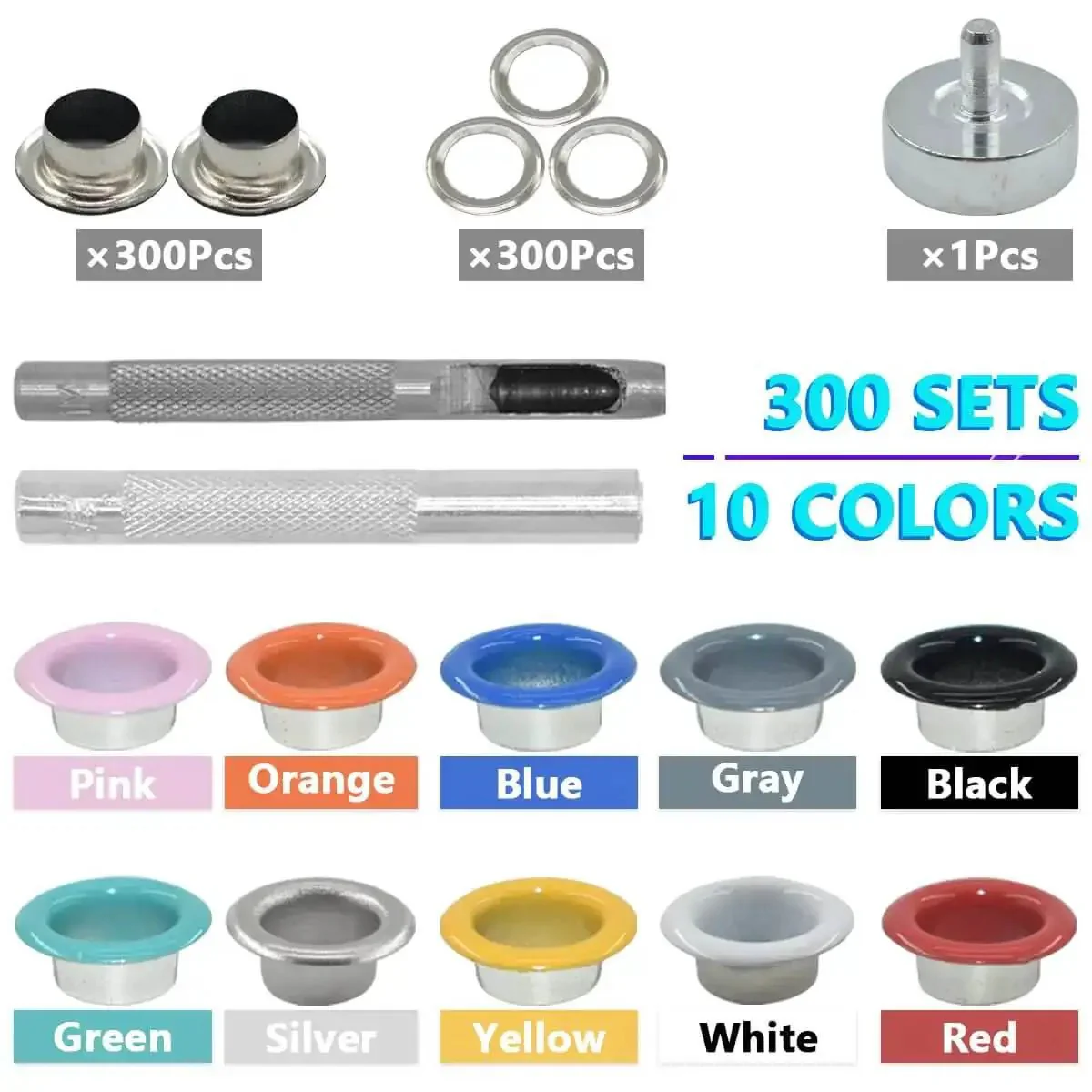 Grommets Kit 300 Sets 1/4 Inch Metal Eyelets With Base, Punch And Install Tool Included For Bags, Shoes, Clothes, And Crafts, Durable 6 mm Inner Diameter 0.25 Inch Eyelets 0.4 Inch Outer, 10 Color Options Including Silver Indigo Green White Yellow - Image 6