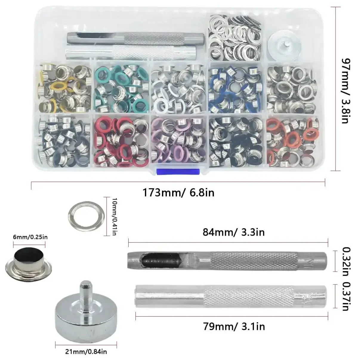 Grommets Kit 300 Sets 1/4 Inch Metal Eyelets With Base, Punch And Install Tool Included For Bags, Shoes, Clothes, And Crafts, Durable 6 mm Inner Diameter 0.25 Inch Eyelets 0.4 Inch Outer, 10 Color Options Including Silver Indigo Green White Yellow - Image 7