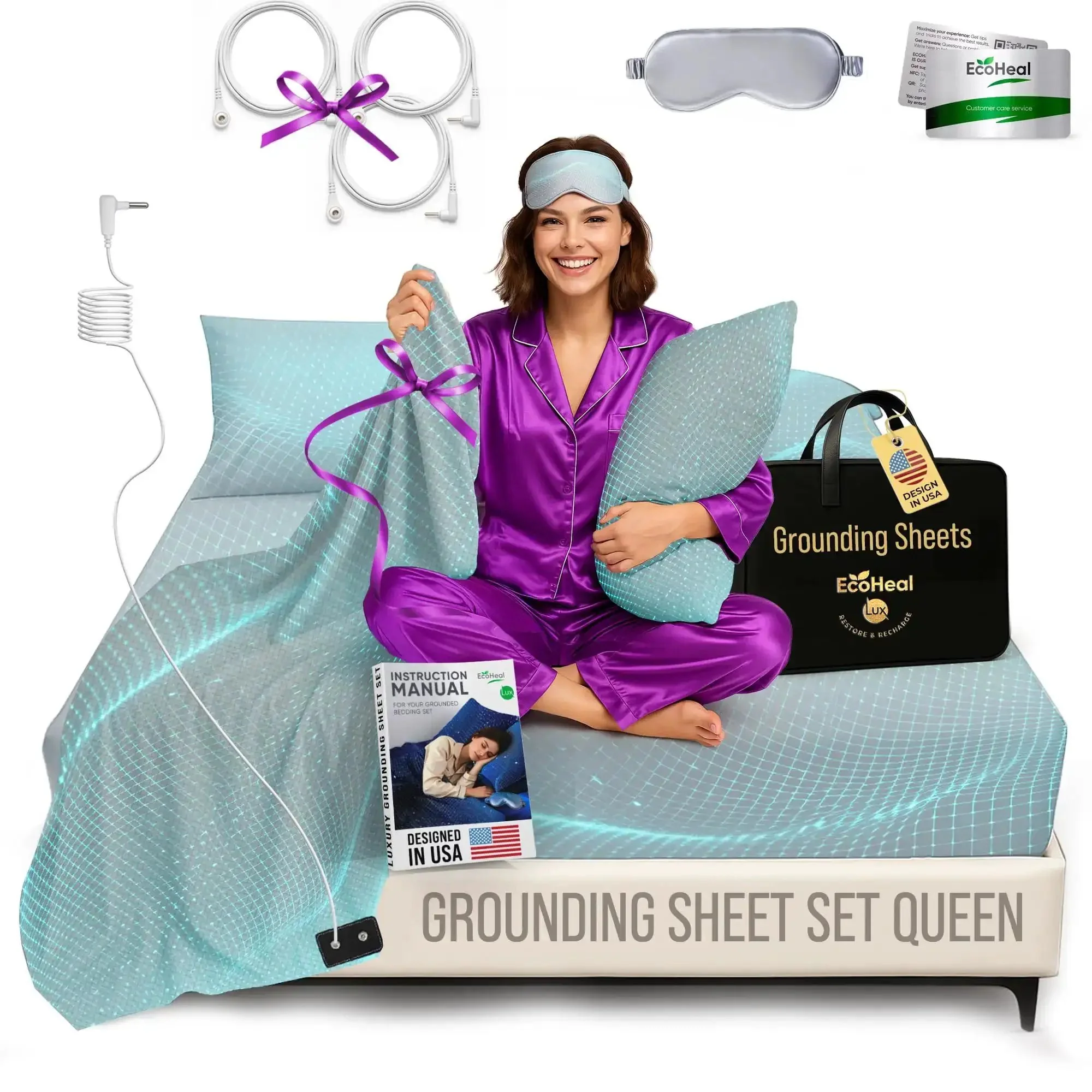 Grounding Sheet Set Queen Size With Twelve Percent Silver Fiber Four Percent Silk Eighty Four Percent Cotton Blend For More Restful Sleep Includes Fitted Sheet Flat Sheet Two Pillowcases Silver Eye Mask Travel Bag And Grounding Cables