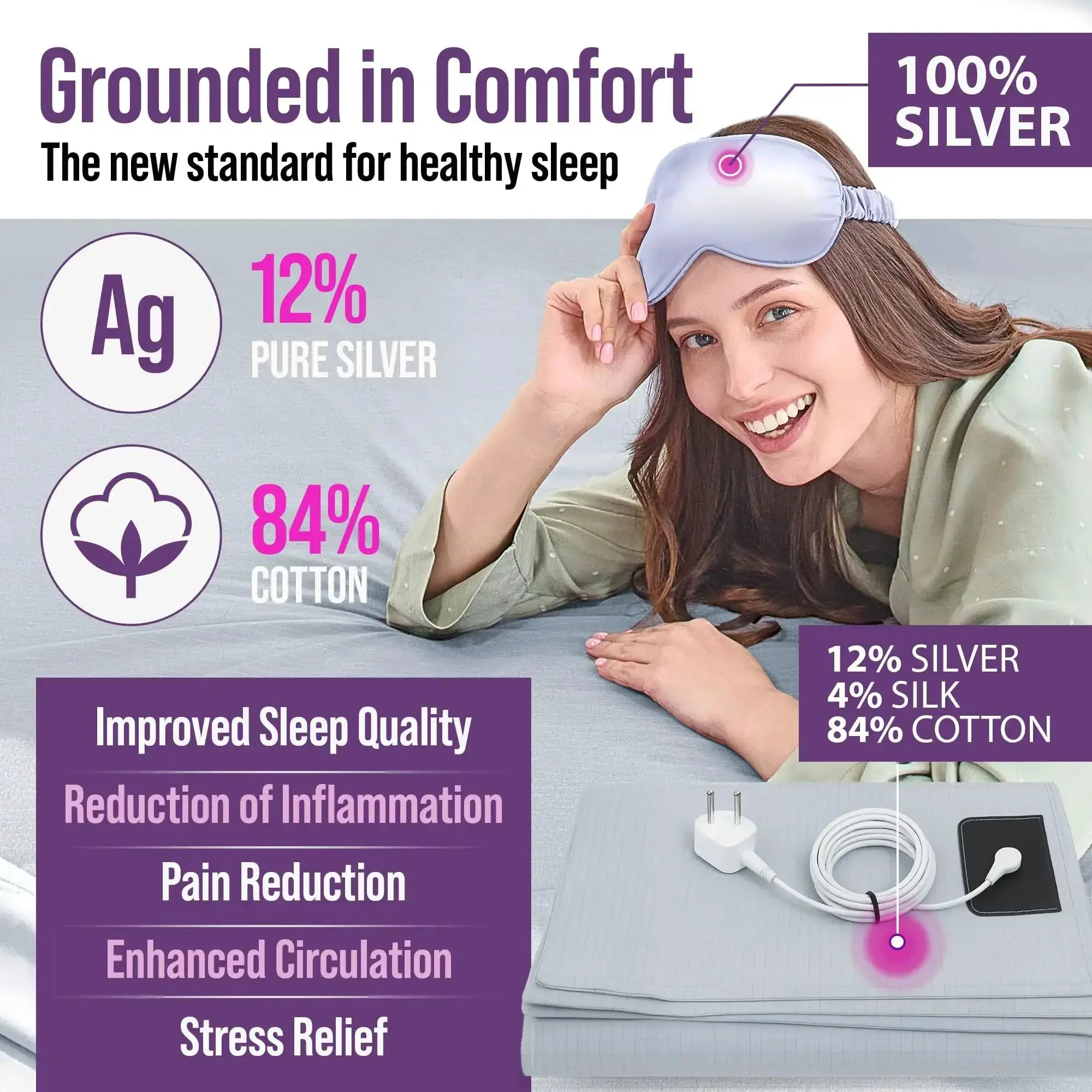 Grounding Sheet Set Queen Size With Twelve Percent Silver Fiber Four Percent Silk Eighty Four Percent Cotton Blend For More Restful Sleep Includes Fitted Sheet Flat Sheet Two Pillowcases Silver Eye Mask Travel Bag And Grounding Cables - Image 6