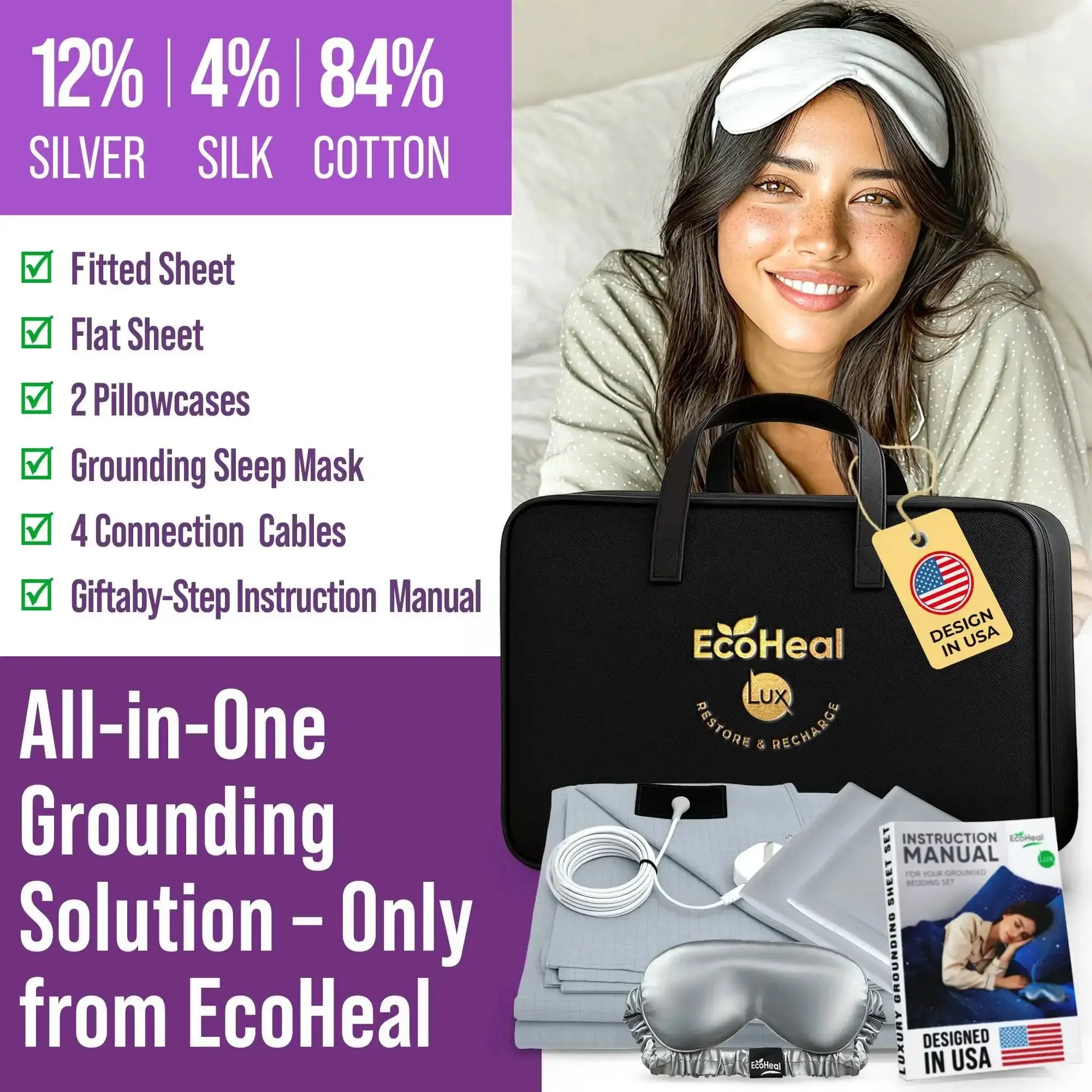 Grounding Sheet Set Queen Size With Twelve Percent Silver Fiber Four Percent Silk Eighty Four Percent Cotton Blend For More Restful Sleep Includes Fitted Sheet Flat Sheet Two Pillowcases Silver Eye Mask Travel Bag And Grounding Cables - Image 7