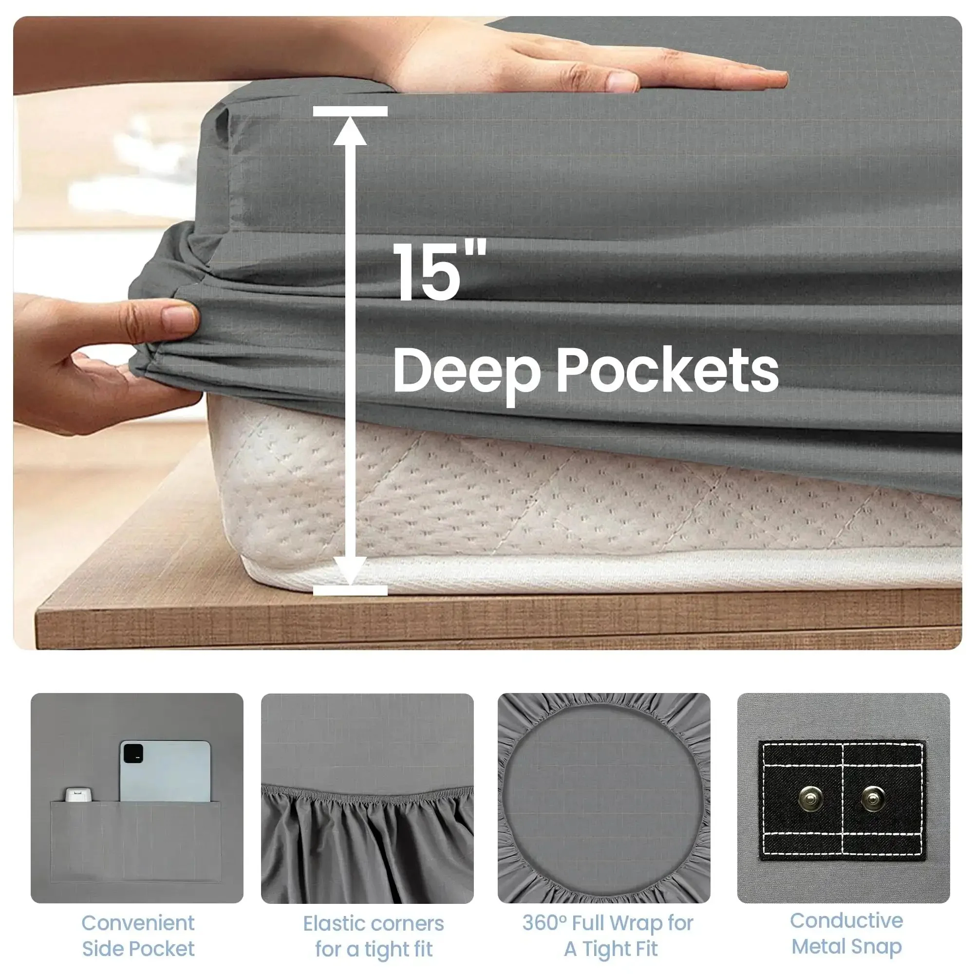 Grounding Sheets For Earthing, Gray Queen Size Fitted Bed Sheet With Silver Infused Fibers And Organic Fabric, 400 Thread Count Deep Pocket Grounded Bedding For Better Sleep And Down To Earth Comfort - Image 5