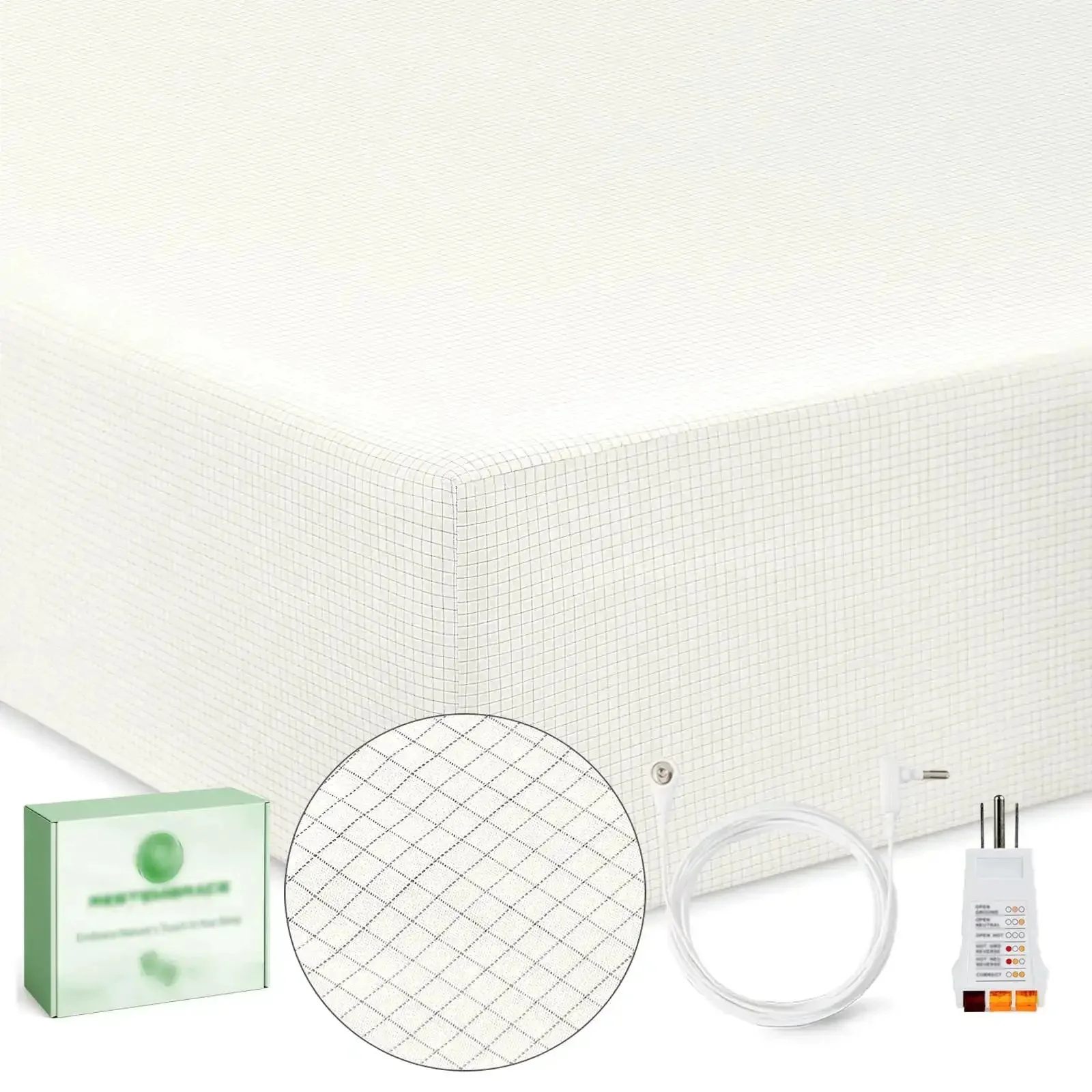 Grounding Sheets King Size With Fifteen Percent Silver Fiber And Eighty Five Percent Cotton Includes Outlet Tester Grounded Sheet Kit Fitted Bed Sheet Earth Connected Bedding White For Real Sleep Setup