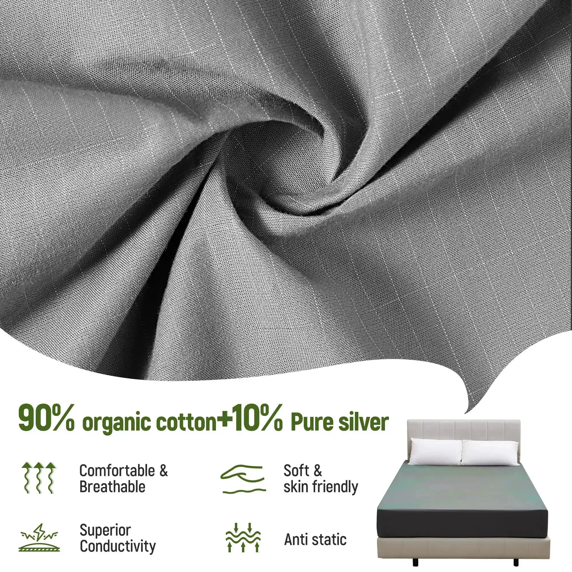 Grounding Sheets Queen Size With 10 Percent Silver Fiber And 90 Percent Organic Cotton Fitted Deep Pocket Grounding Bed Sheet Kit For Better Sleep And Cozy Nights Gray 60 By 80 By 16 Inches - Image 6