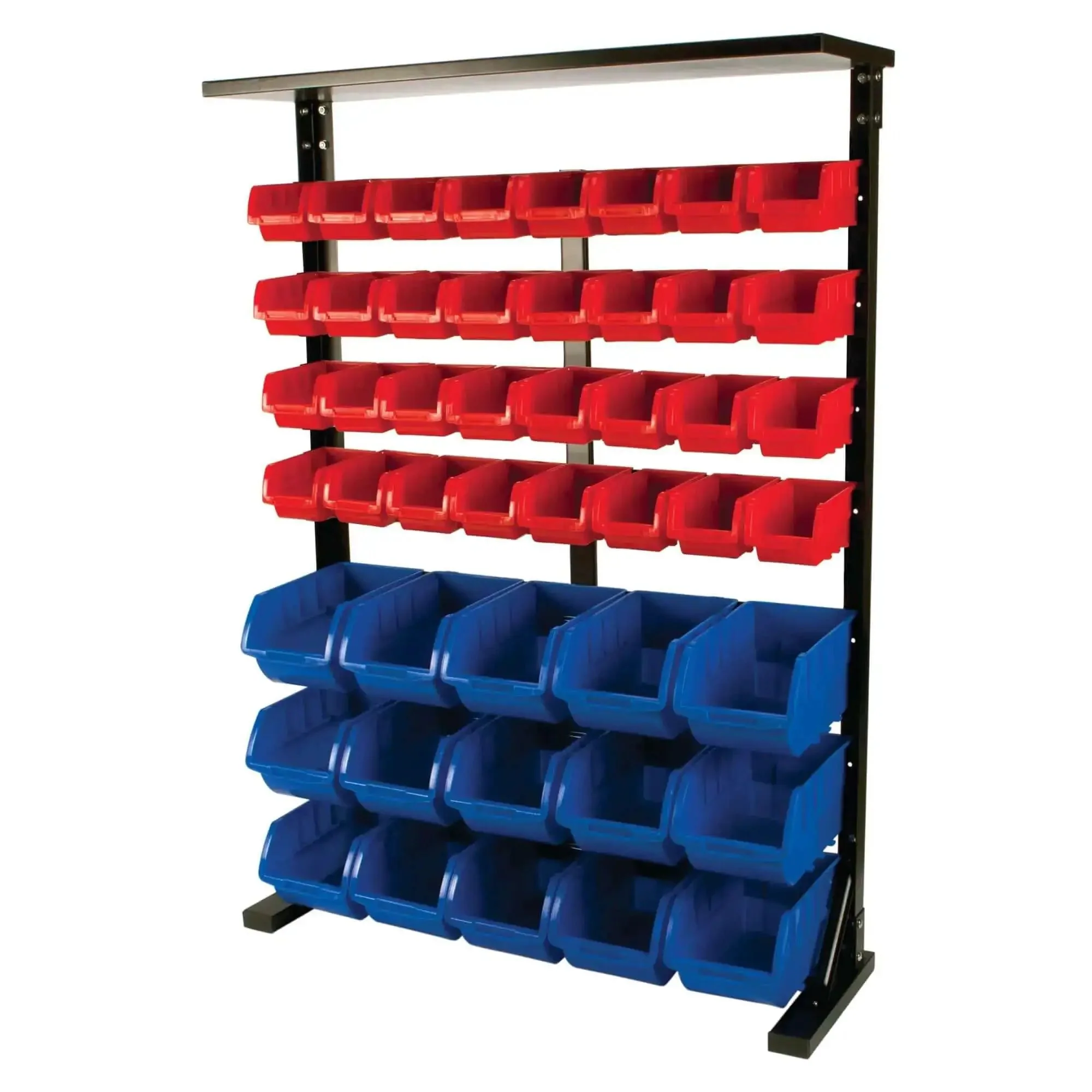 Half Bulk Bin Storage Rack With 32 Removable Bins For Easy Garage Organization Of Tools Parts Hardware And More In A Bright Red And Blue Finish With Quick Assembly And Rugged Steel Construction