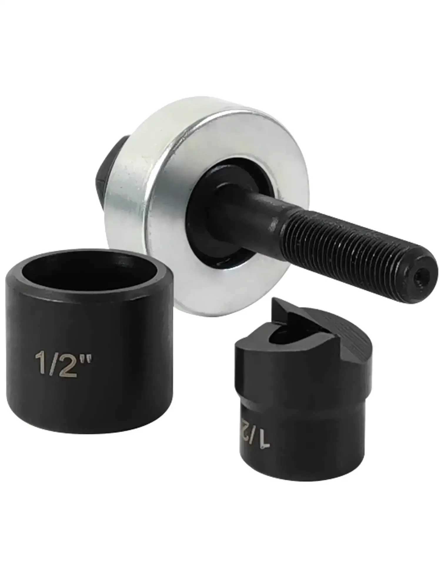 Half Inch Conduit Knockout Punch Unit With Manual Draw Stud 0.86 Inch Hole Size For Mild Steel Through 10 Gauge Metals Brass Copper Aluminum And Soft Alloys Beefed Up And Ready For Ratchet Wrench Or Electric Driver