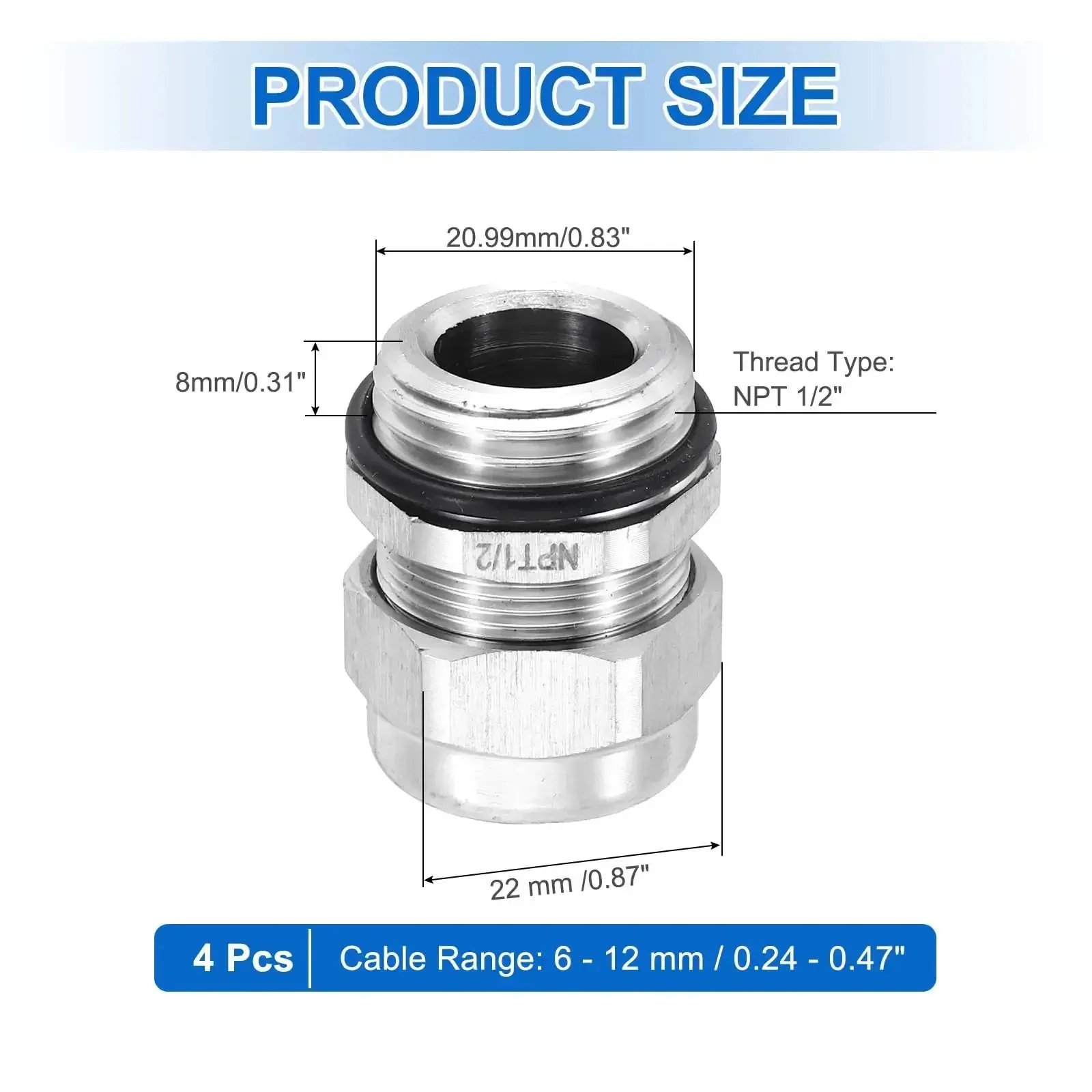 Half Inch NPT Cable Glands IP68 Waterproof Strain Relief Cord Grip Connector for 6-12mm Wire Diameter, 304 Stainless Steel Cable Protectors for Cable Fixing, Wiring, Repairing, Pack of 4 - Image 6