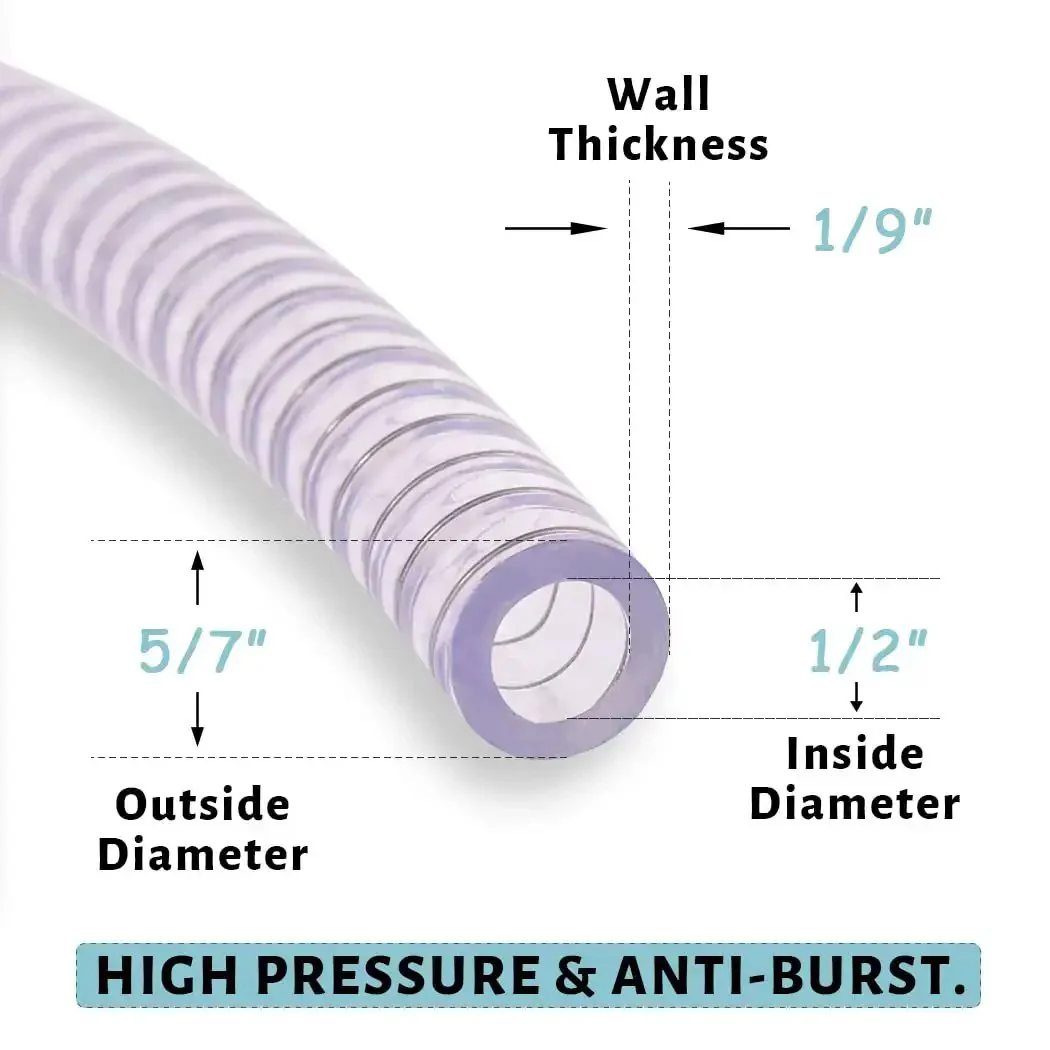 Half Inch PVC Reinforced Tubing With Spiral Steel Wire 25 Ft Built Tough High Pressure Flexible Vinyl Hose Heavy Duty Clear Suction Tube For Vacuum Dust Collection Pipe Non Toxic - Image 6