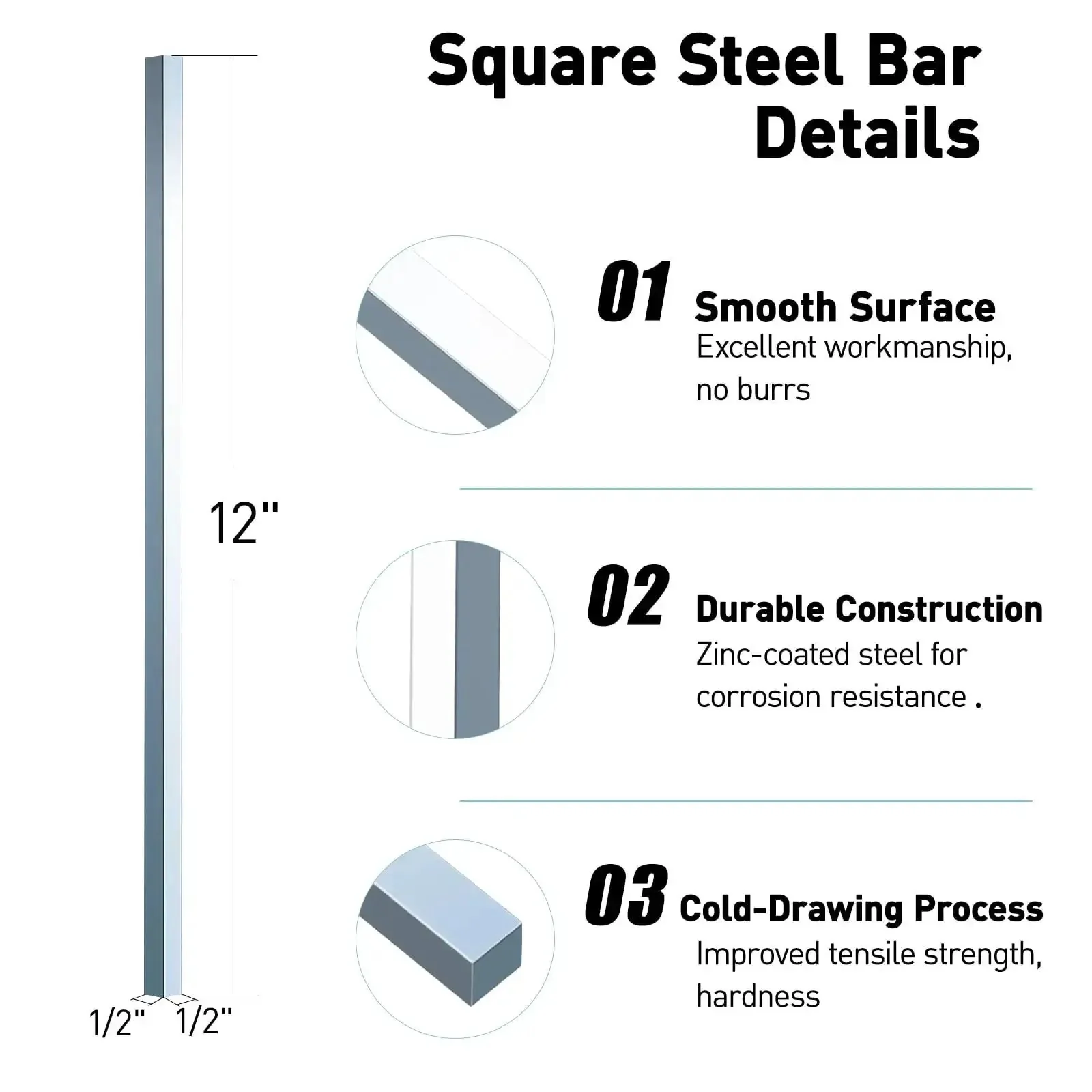 Half Inch Square Steel Bar Stock Cold Drawn Zinc Coated Keyway Flat Metal Bar 12 Inch Long Three Piece Set Durable Industrial Grade For Precision Machining And Indoor Use - Image 6
