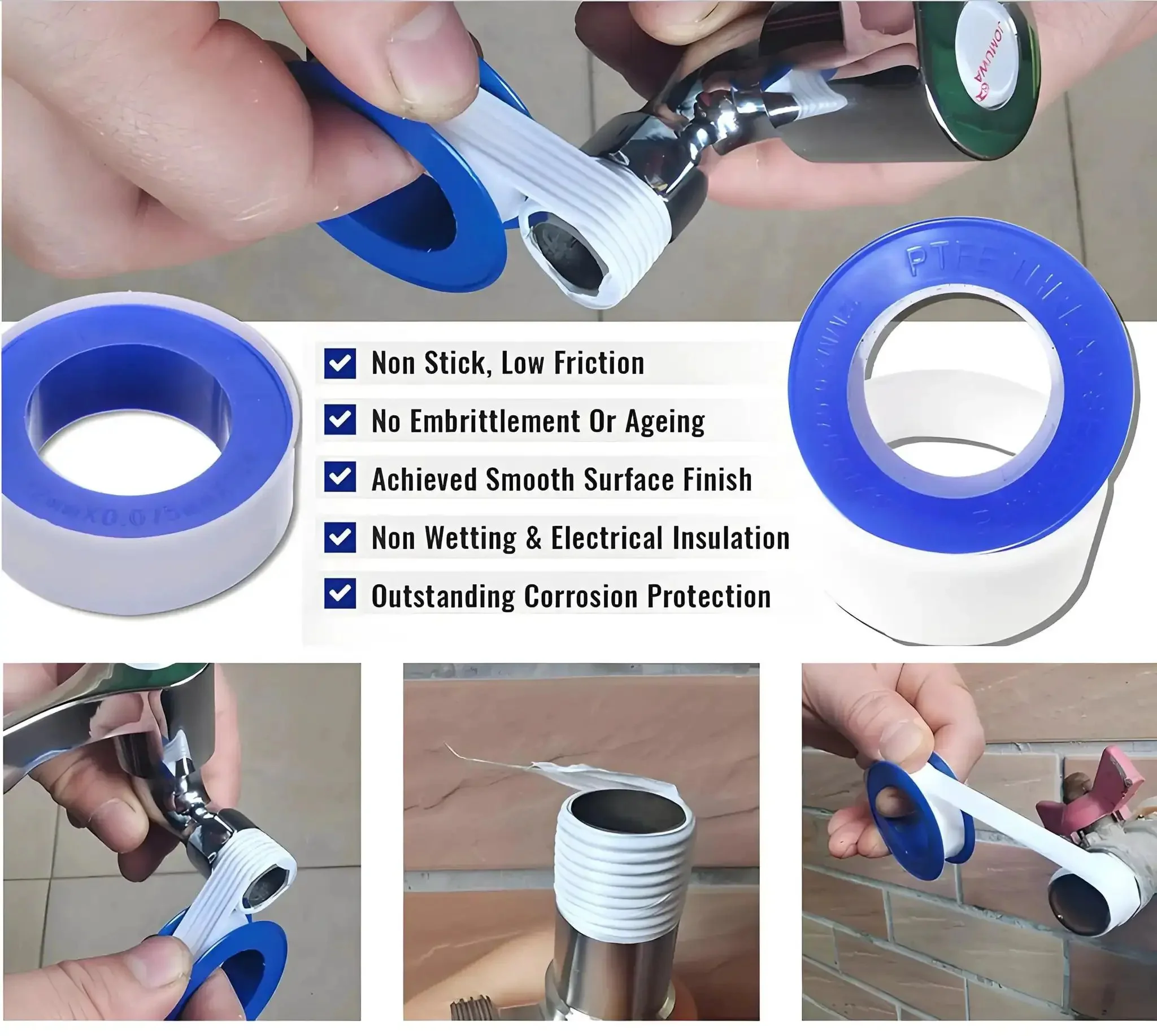 Half Inch Teflon Plumber Tape 520 Inches Long 5.5 Mil PTFE Thread Seal Tape For Pipe Fittings And Shower Heads White Water Sealant, Leakproof And Easy DIY Install, Durable Plumbing Tape For Tight Seals And No Leaks - Image 7