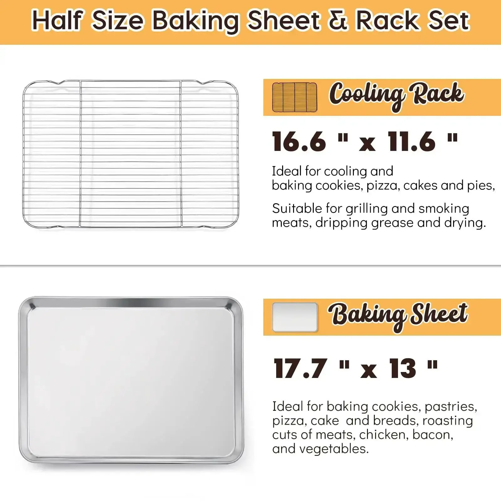 Half Sheet Baking Pan With Wire Cooling Rack Set For Oven Cooking 17.7 By 13 Inch Stainless Steel Rimmed Tray Great For Roasting Bacon Meat Steaks Cookies Pizzas And More Dishwasher Safe Fits Most Home Ovens - Image 7