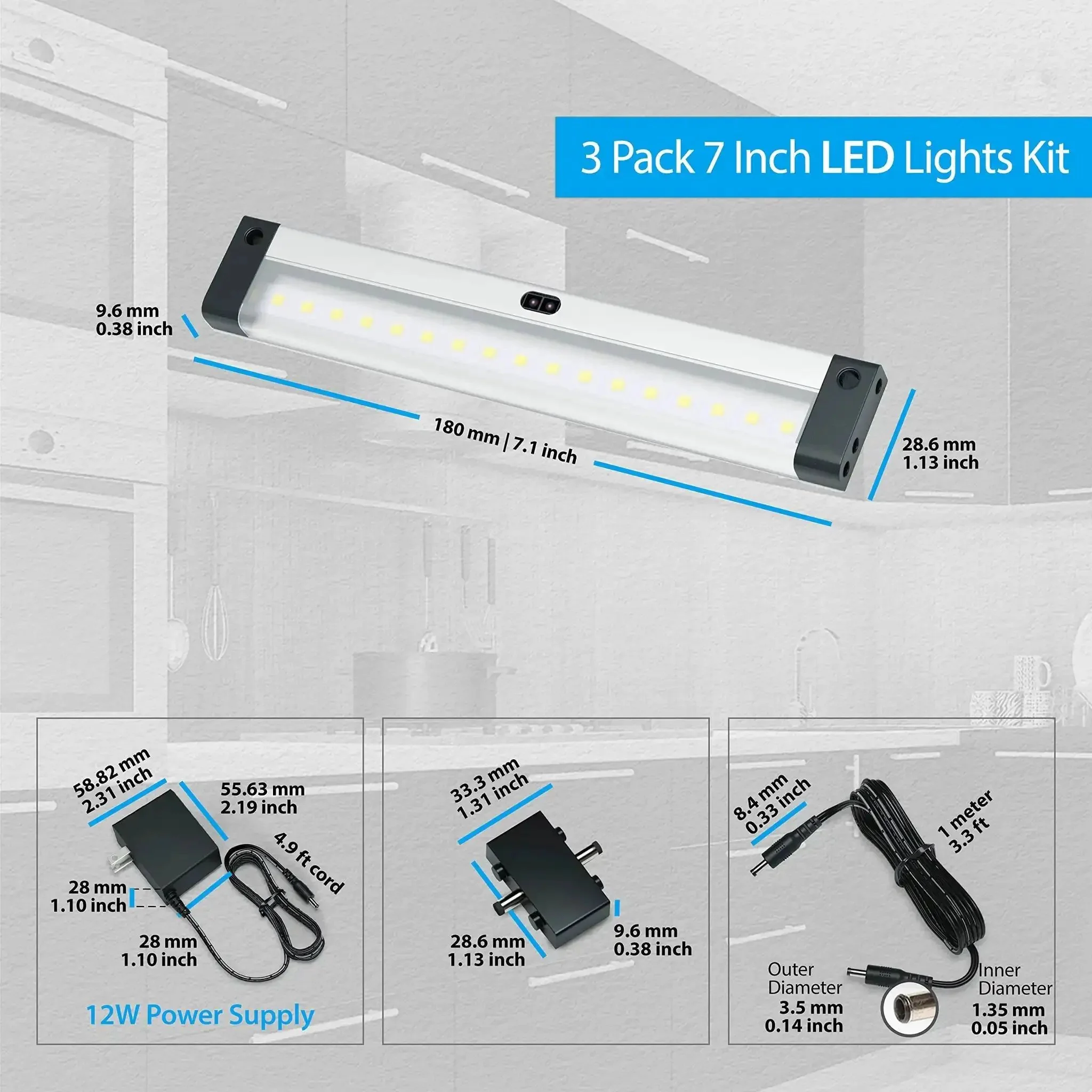 Hand Wave Activated Under Cabinet LED Lighting Kit 3 Pack 7 Inch Dimmable With No Remote Needed Hands Free Touchless Dimming Control Black Under Counter Lights For Kitchen Garage Office Shelf Warm White 3000K - Image 2