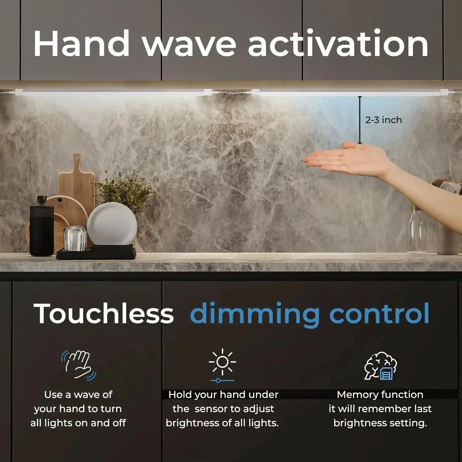 Hand Wave Activated Under Cabinet LED Lighting Kit 3 Pack 7 Inch Dimmable With No Remote Needed Hands Free Touchless Dimming Control Black Under Counter Lights For Kitchen Garage Office Shelf Warm White 3000K - Image 7