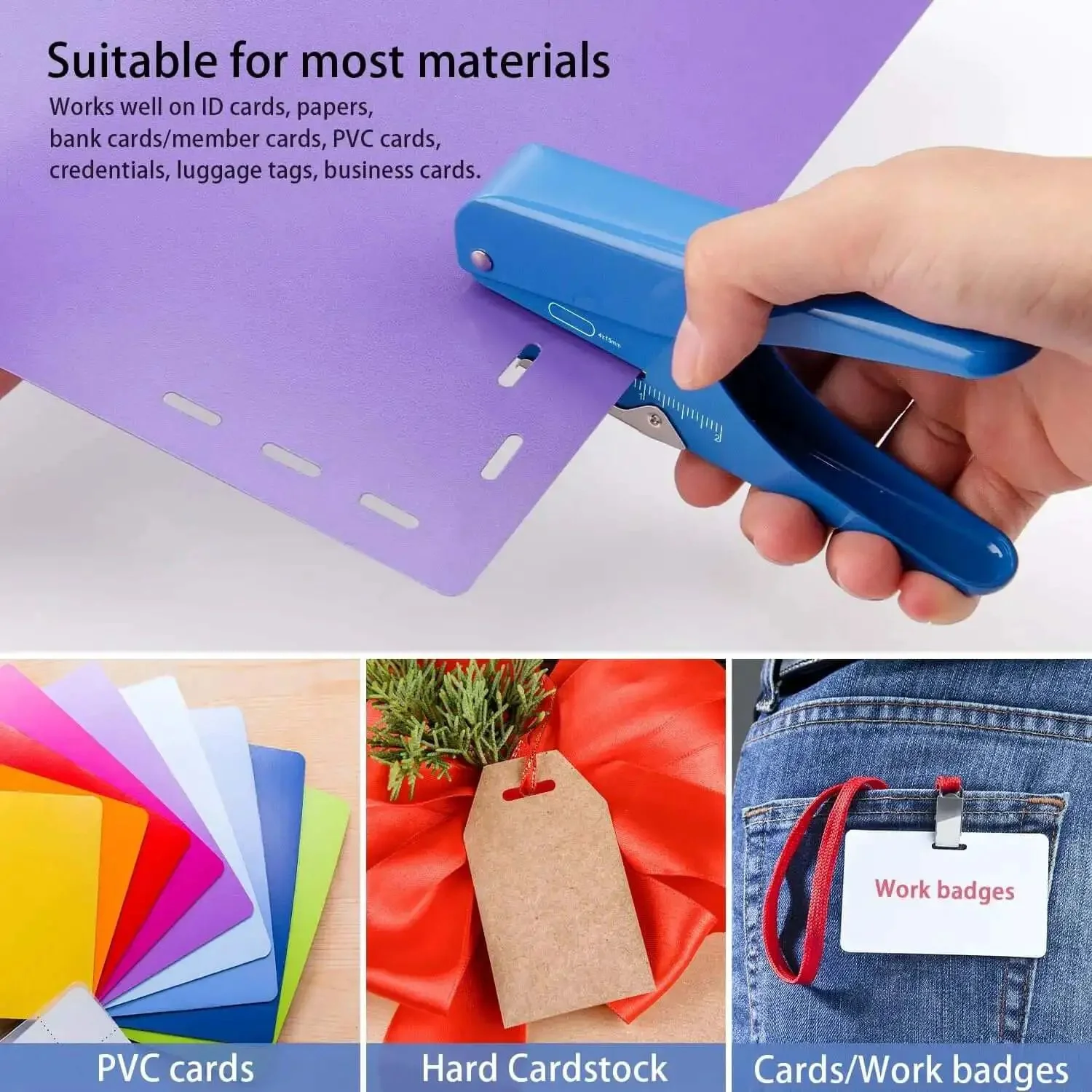 Handheld Badge Slot Punch for PVC ID Cards, Business Cards, Name Tags, and Luggage Tags - 19/32 by 5/32 Inch Hole, All Metal Construction, Heavy-Duty Puncher for Hard Cardstock and PVC Tags - Image 2