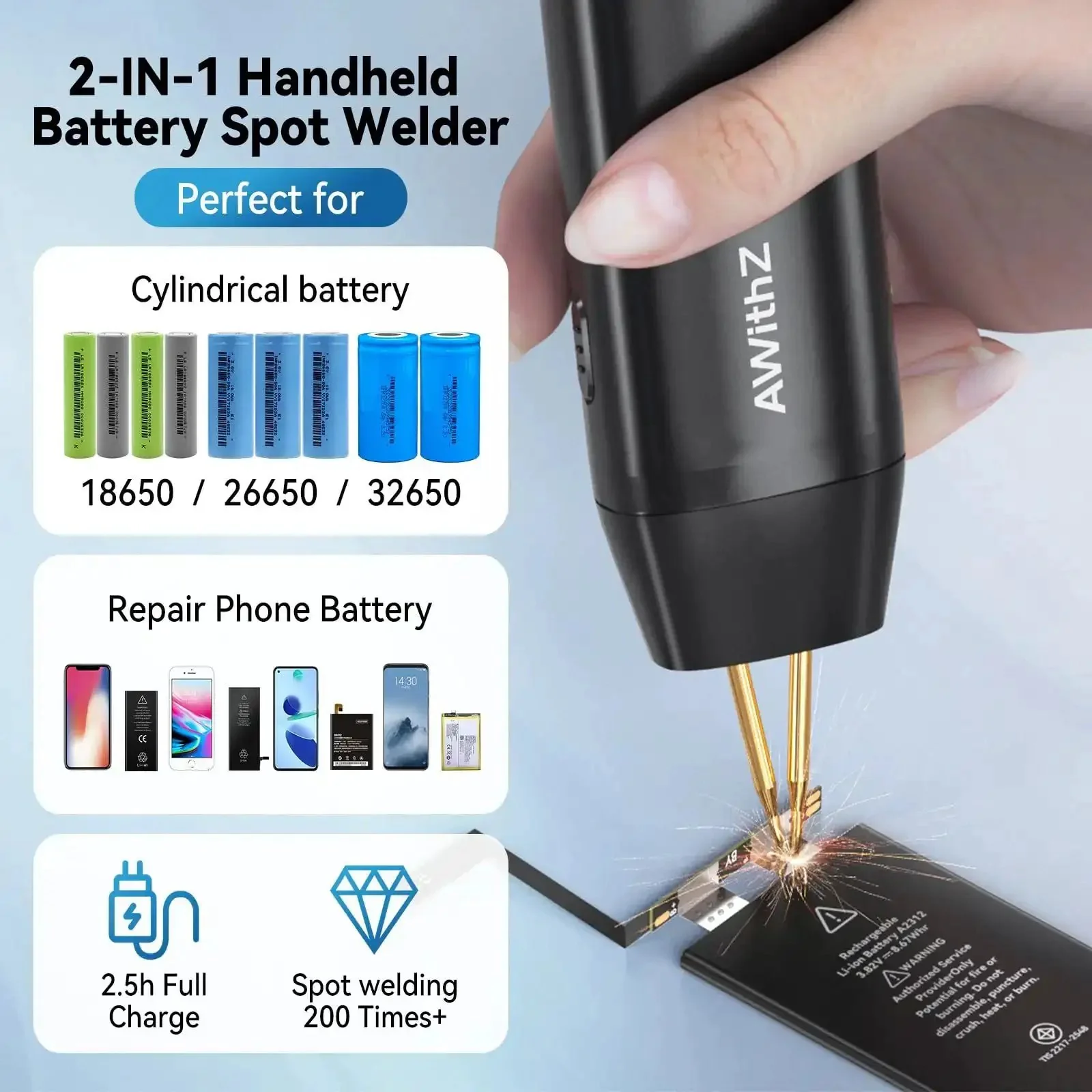 Handheld Spot Welder With 11 Gear Adjustable Auto And Manual Modes For 18650 Battery Packs, Welding Nickel Sheets And Iron, No Pen Required, Portable All In One Battery Welder For On The Go Repairs - Image 6