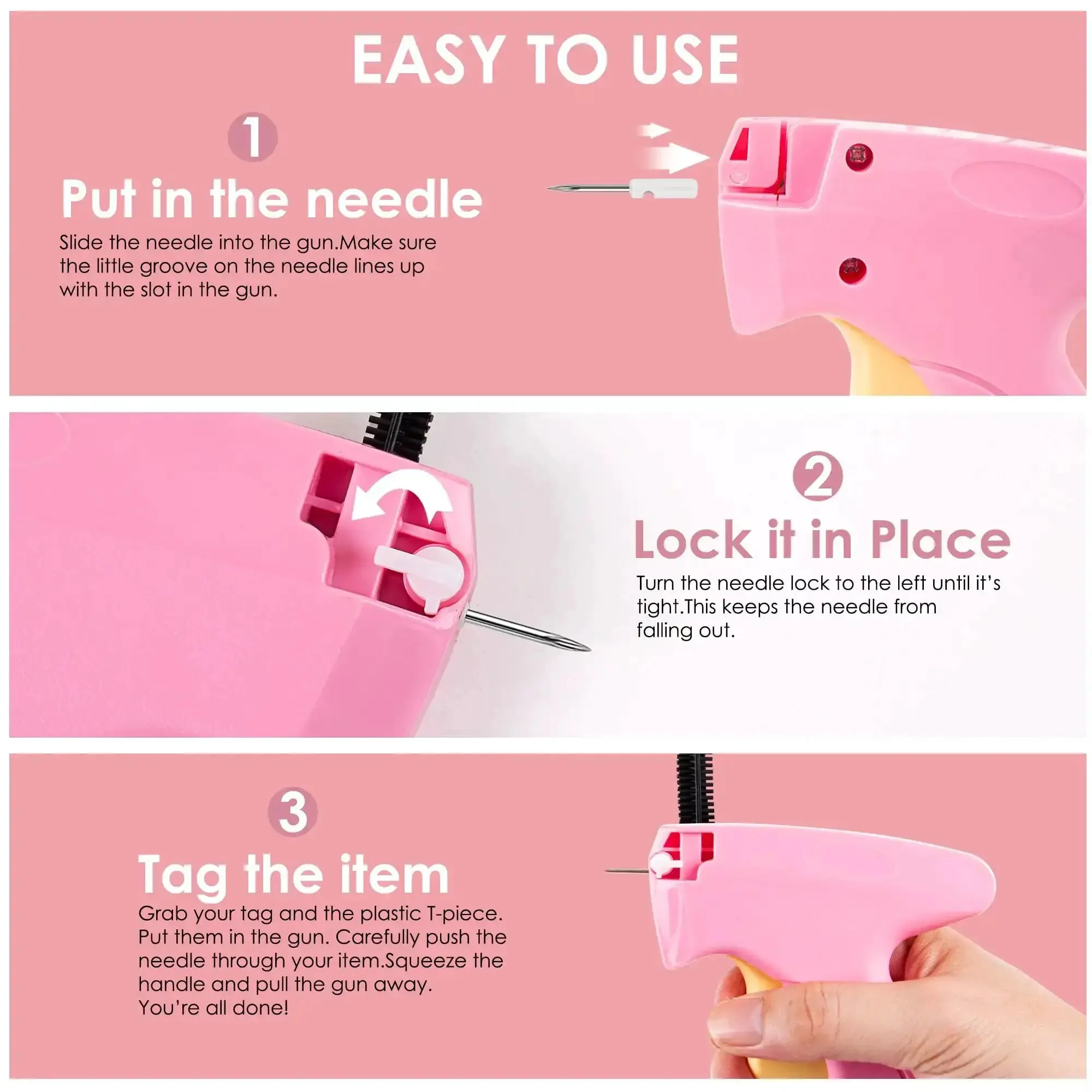 Handheld Stitch Gun For Quick Clothing Repairs, Mini Sewing Kit With Micro Tagging Gun, Includes 6 Needles And 1000 Black Fasteners And 1000 White Fasteners In Pink Yellow For Quick Repairs On Jeans, Jackets And Everyday Fixes At Home Or On The Go - Image 5