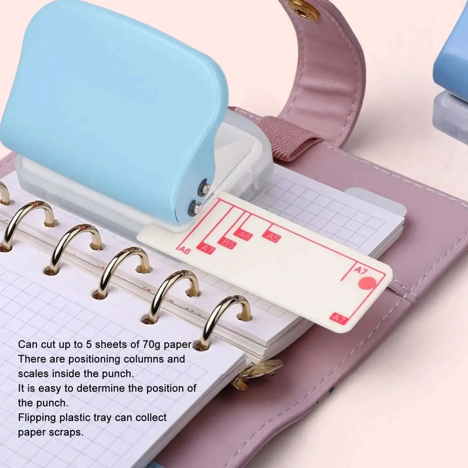 Handheld Three Hole Paper Punch With Scrap Collector Workhorse Five Sheet Capacity Five Point Five Millimeter Holes And Nineteen Millimeter Spacing Metal Body Easy Alignment Fits A4 B5 A5 A6 A7 Paper For Office School Home - Image 2