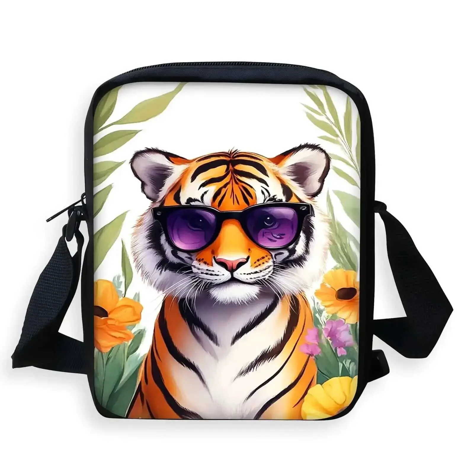 Hands Free Crossbody Sling Bag For Women And Men Ultra Lightweight Everyday Chest Pack With Adjustable Strap And Zipper Small Messenger Style Bag For Travel Work And Daily Use Tiger Print With Sunglasses