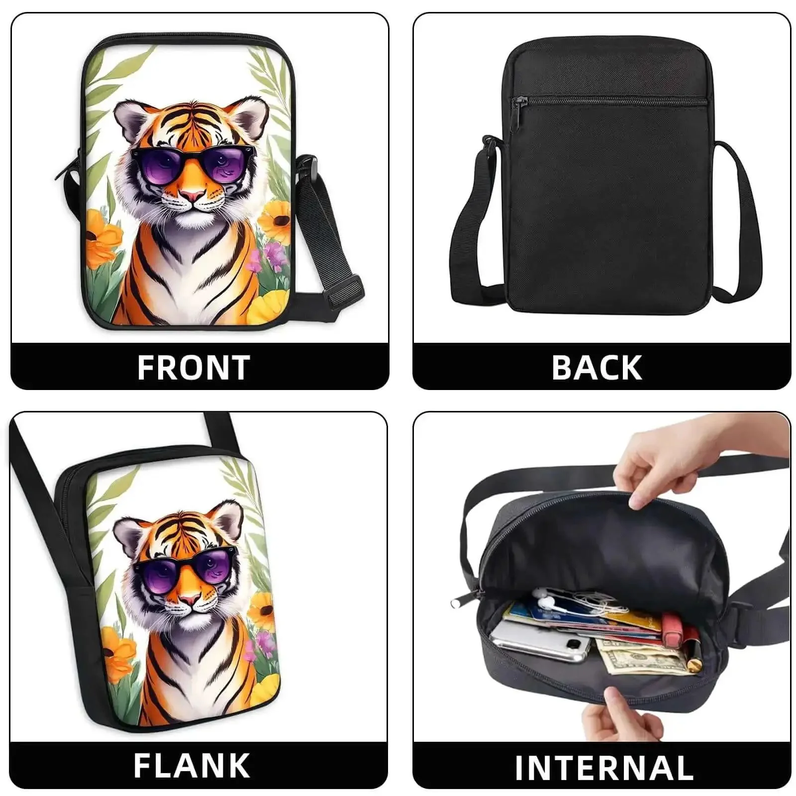 Hands Free Crossbody Sling Bag For Women And Men Ultra Lightweight Everyday Chest Pack With Adjustable Strap And Zipper Small Messenger Style Bag For Travel Work And Daily Use Tiger Print With Sunglasses - Image 3